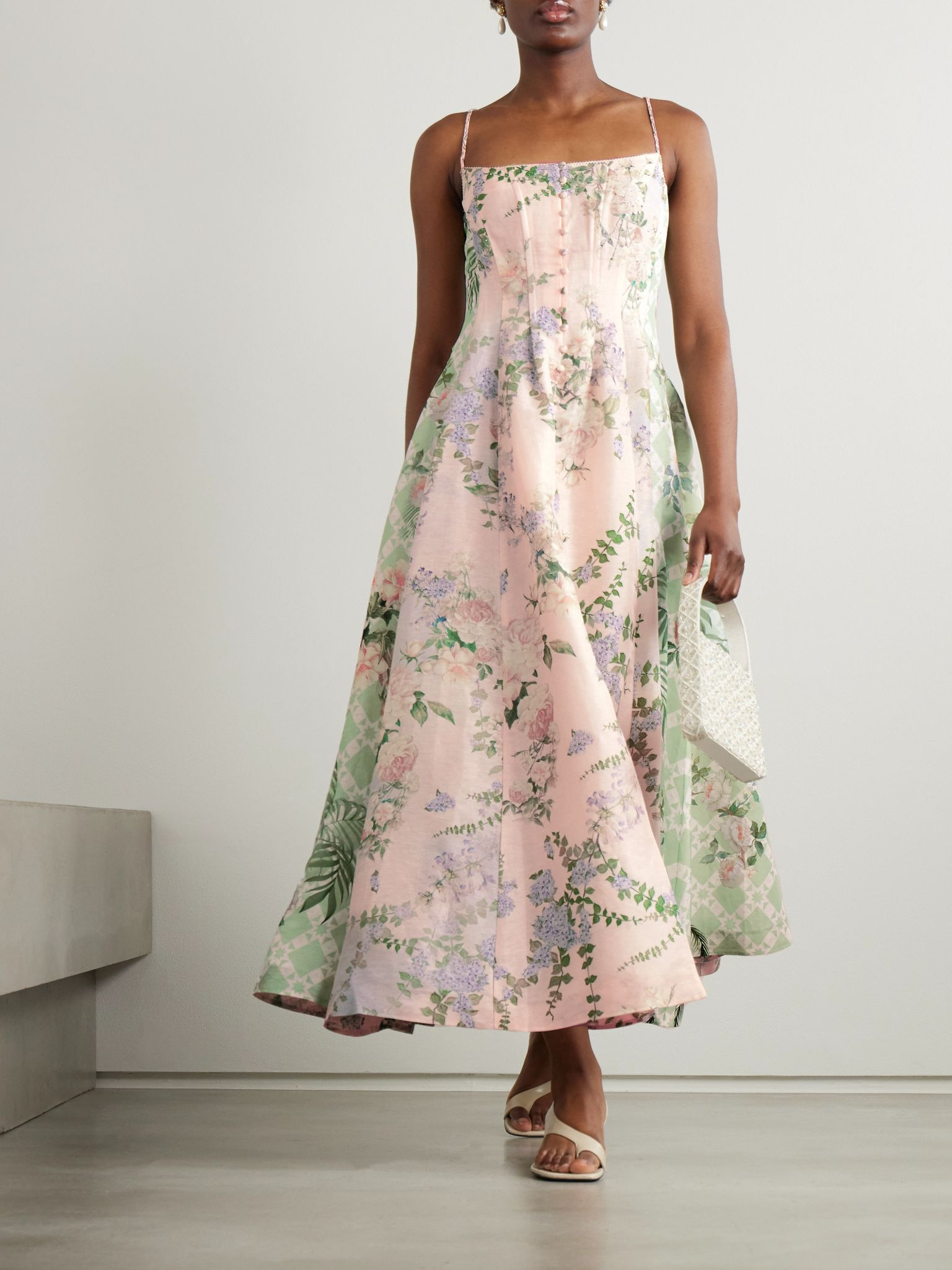 Embellished floral-print linen and silk-blend midi dress Pink - 2