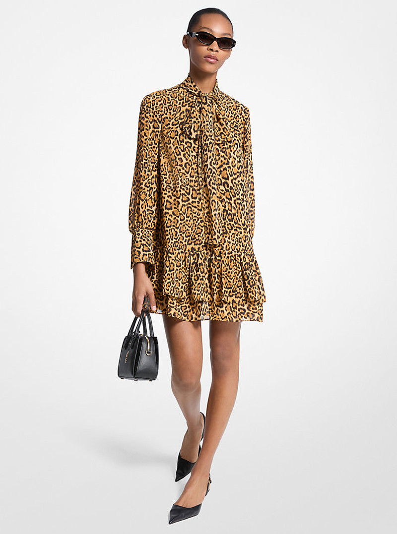 Leopard Print Georgette Tie-Neck Dress 1
