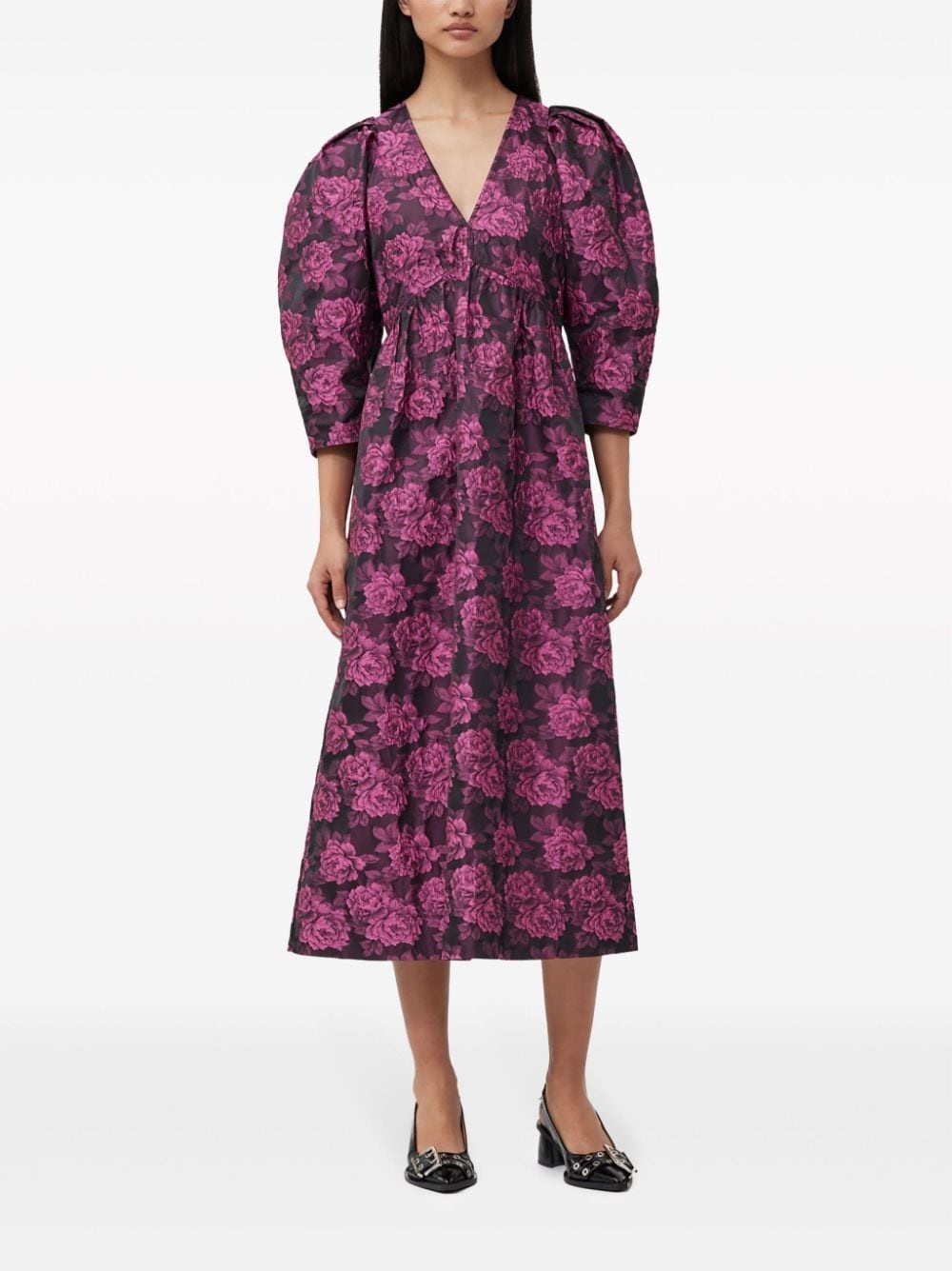 botanical-jacquard puff-sleeves midi dress - 2