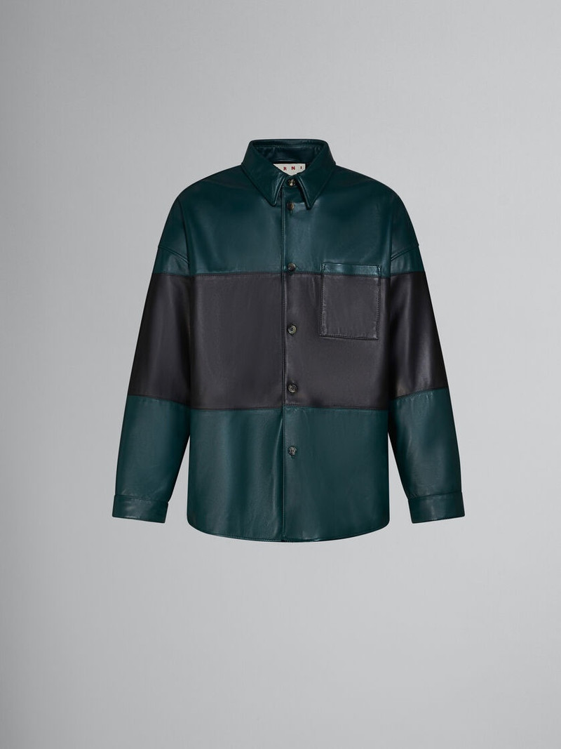 GREEN COLOUR-BLOCK LEATHER SHIRT 1