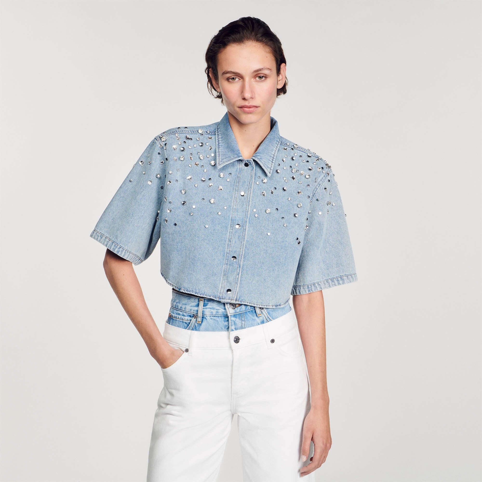 RHINESTONE CROPPED SHIRT - 5