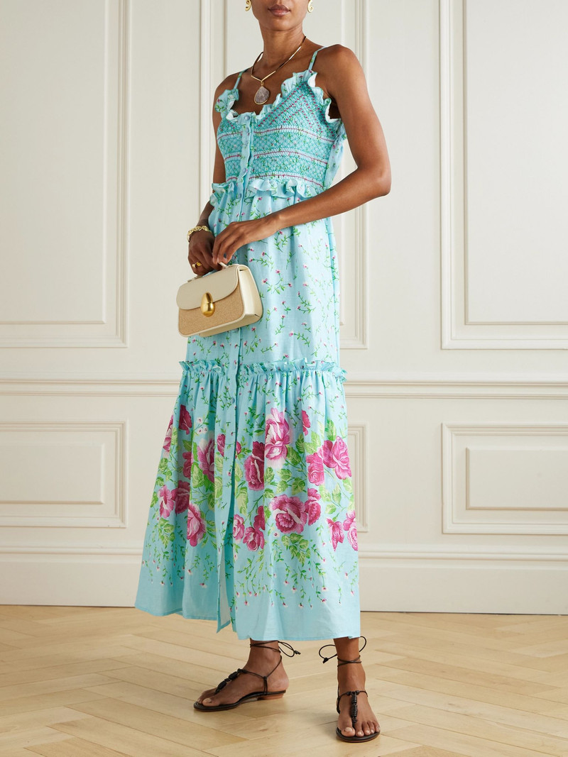 LORETTA CAPONI Bianca embroidered smocked ruffled floral-print linen maxi dress Blue outlook