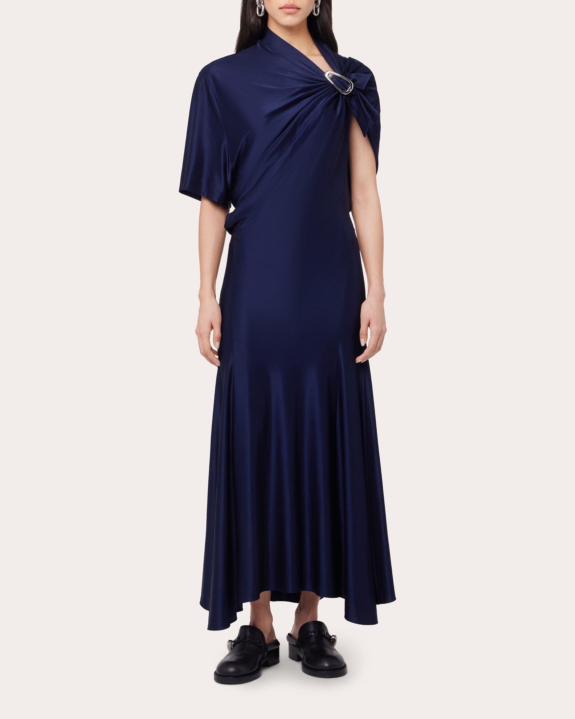 Ruched Satin Buckle Asymmetric Dress - 2