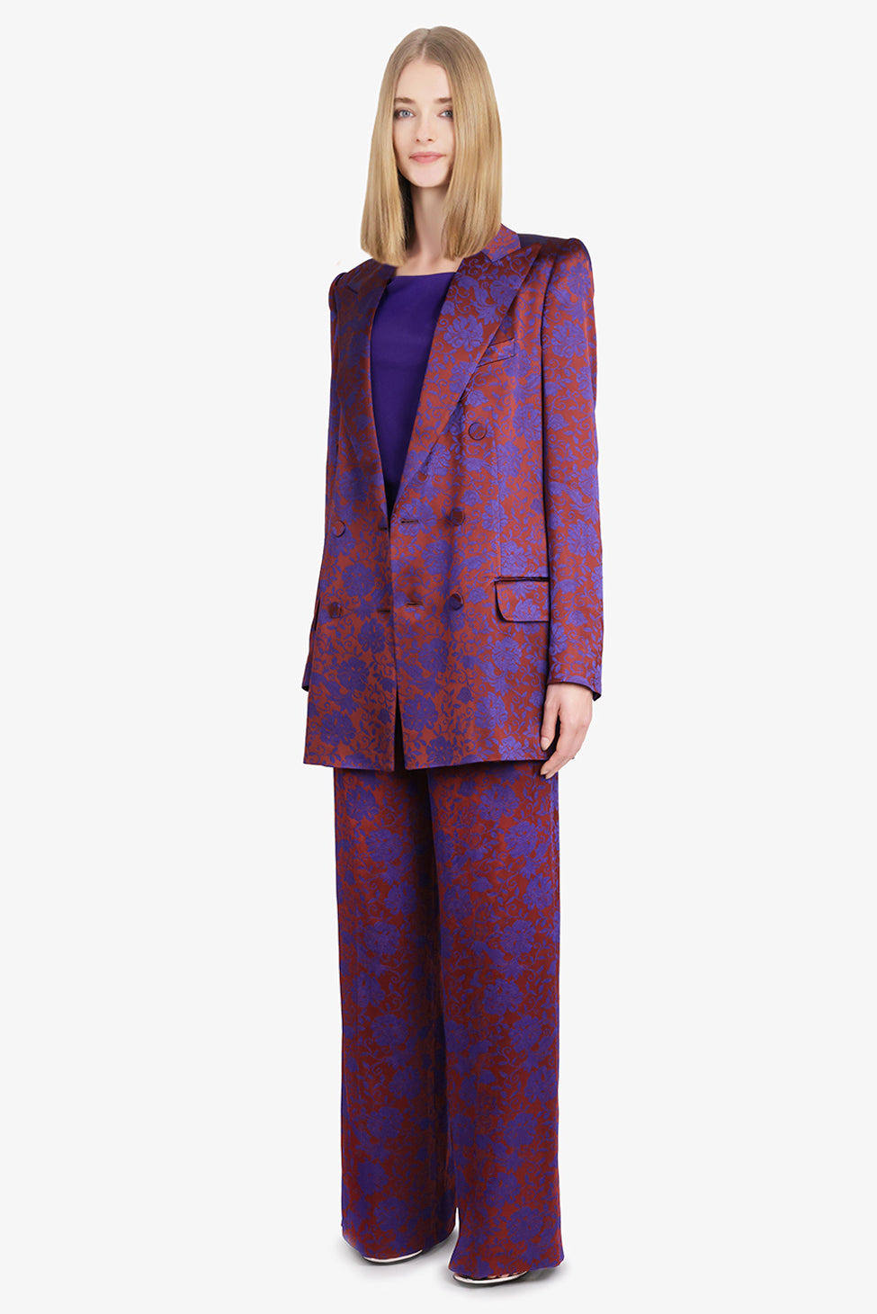 BYLA FLORAL JACQUARD DOUBLE BREASTED JACKET | BURGUNDY/PURPLE - 4