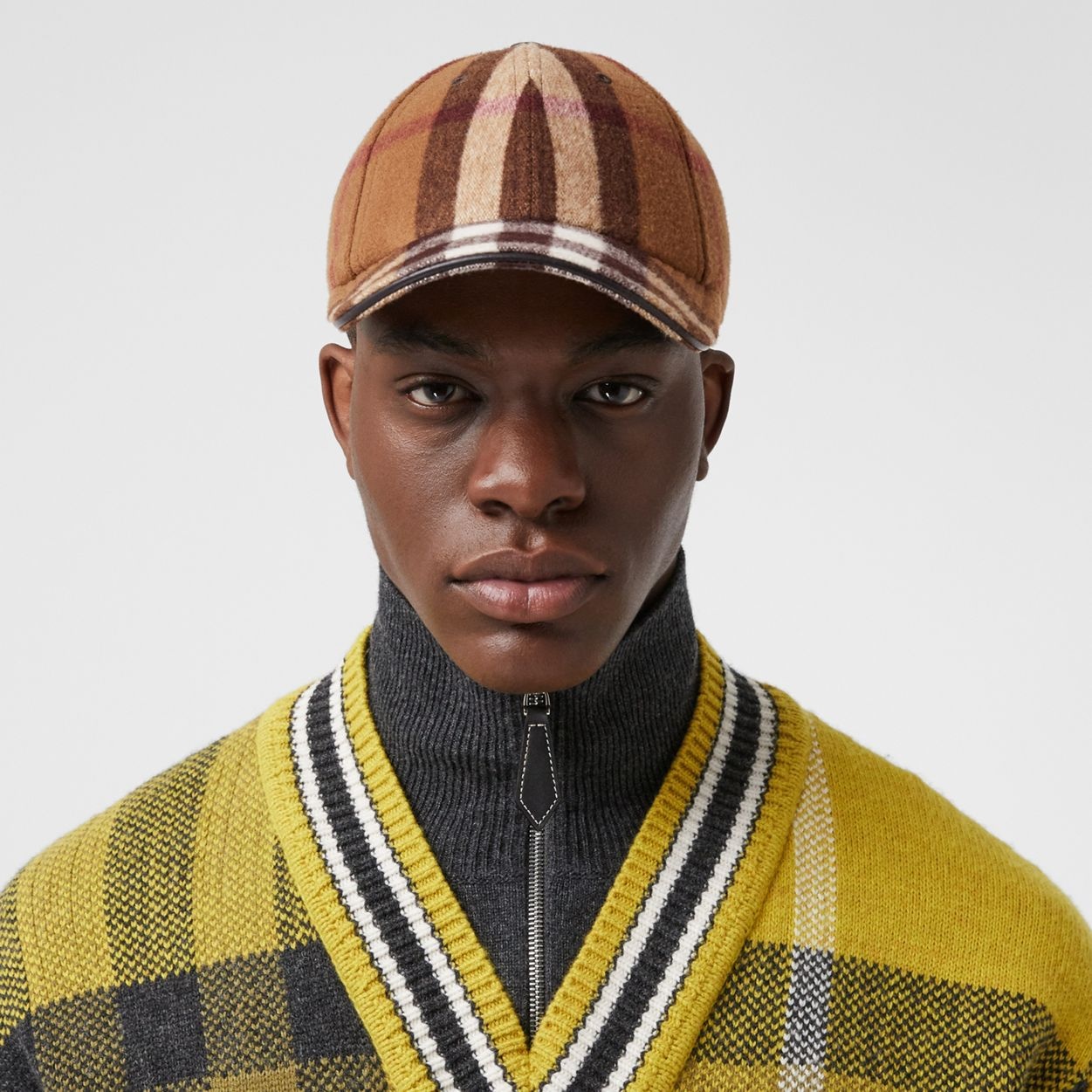 Lambskin Trim Check Wool Baseball Cap - 5