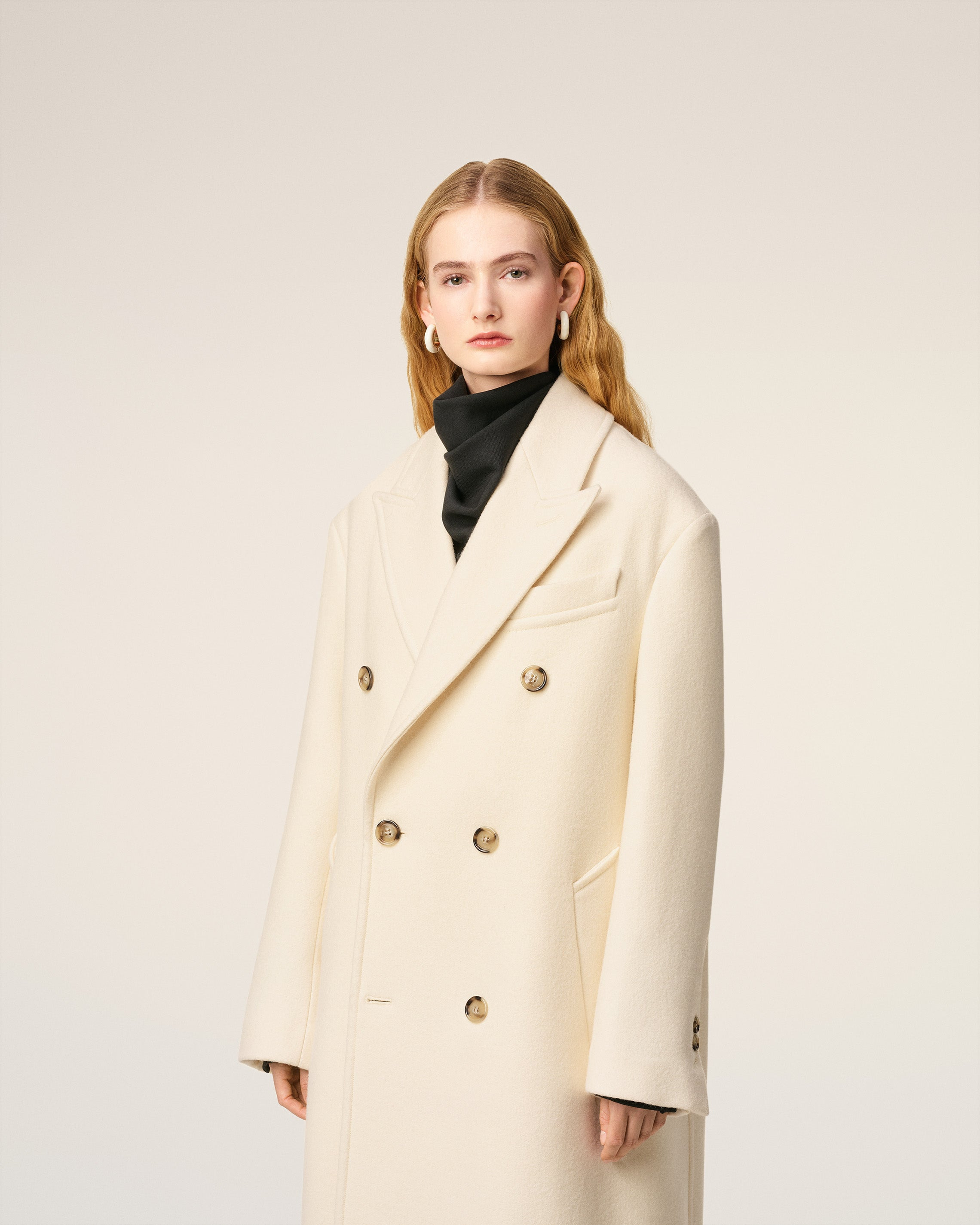 WHITE WOOL DOUBLE BREASTED LONG COAT - 3