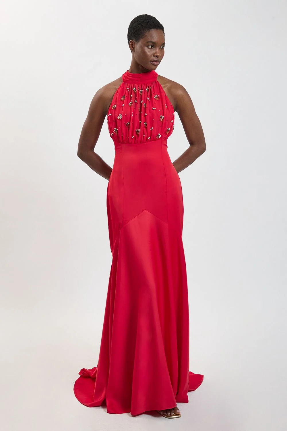 Crystal Halterneck Satin Maxi Gown - 1