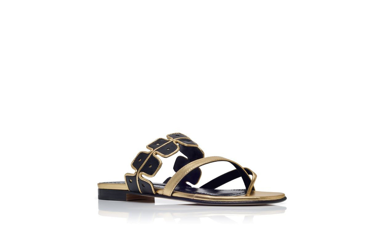 Gold and Black Nappa Leather Flat Sandals - 3