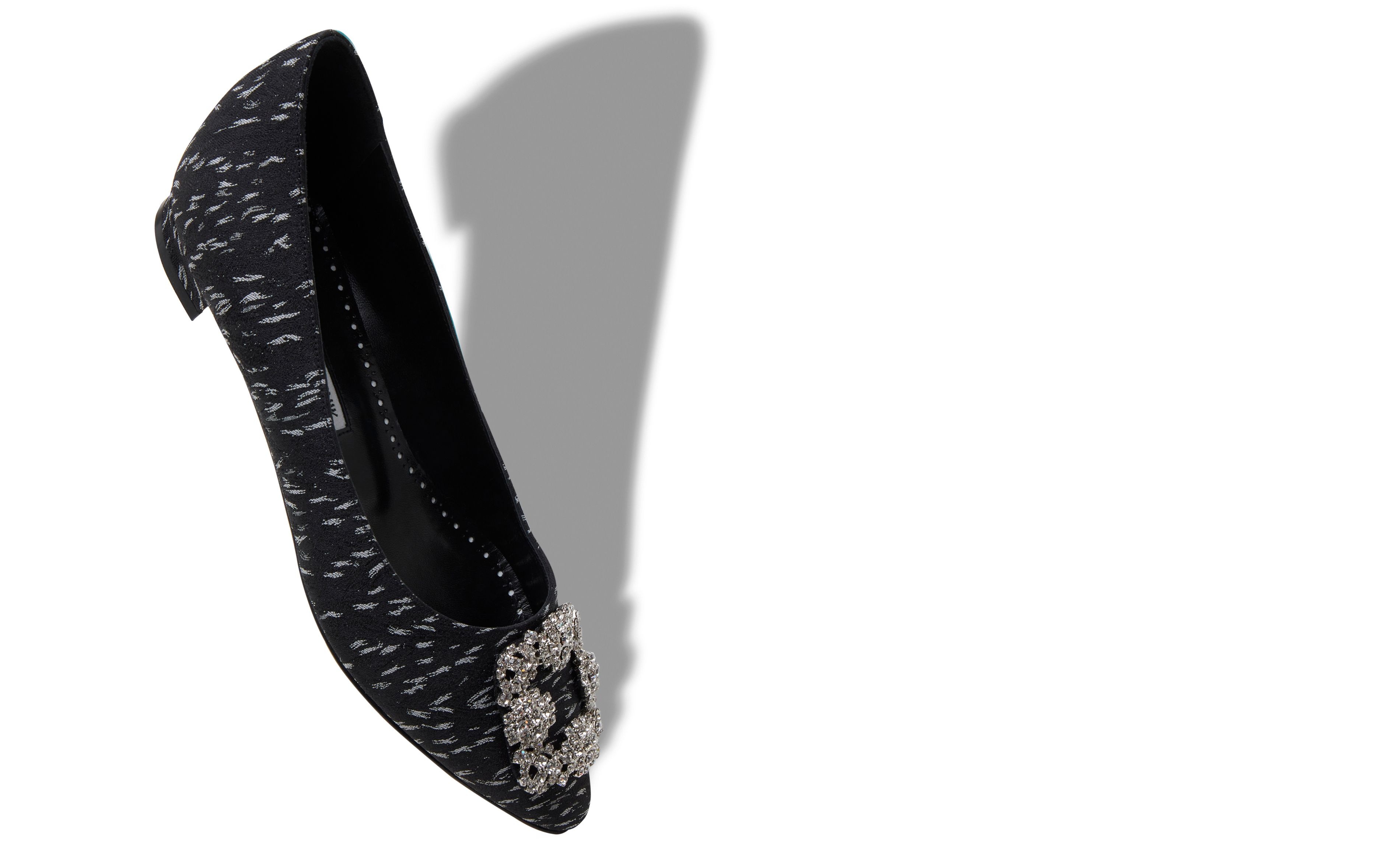 Black Jacquard Jewel Buckle Flat Shoes - 2