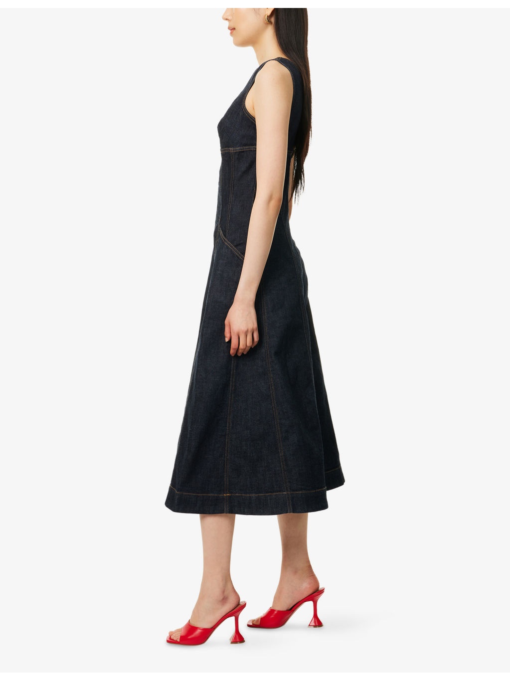 V-Neck Flared Stretch-Denim Blend Midi Dress - 3