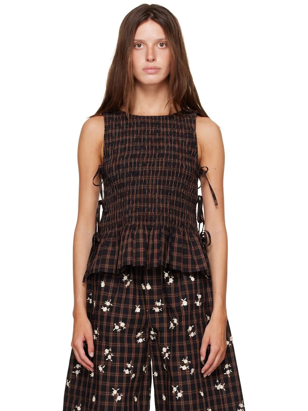 Brown Yarn Dyed Check Smocked Tie String Top - 1