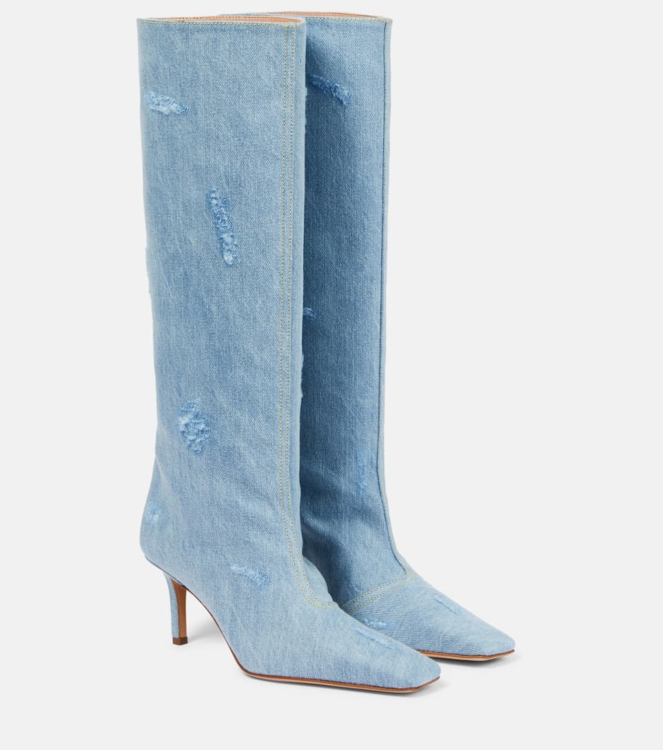 Distressed denim knee-high boots - 1