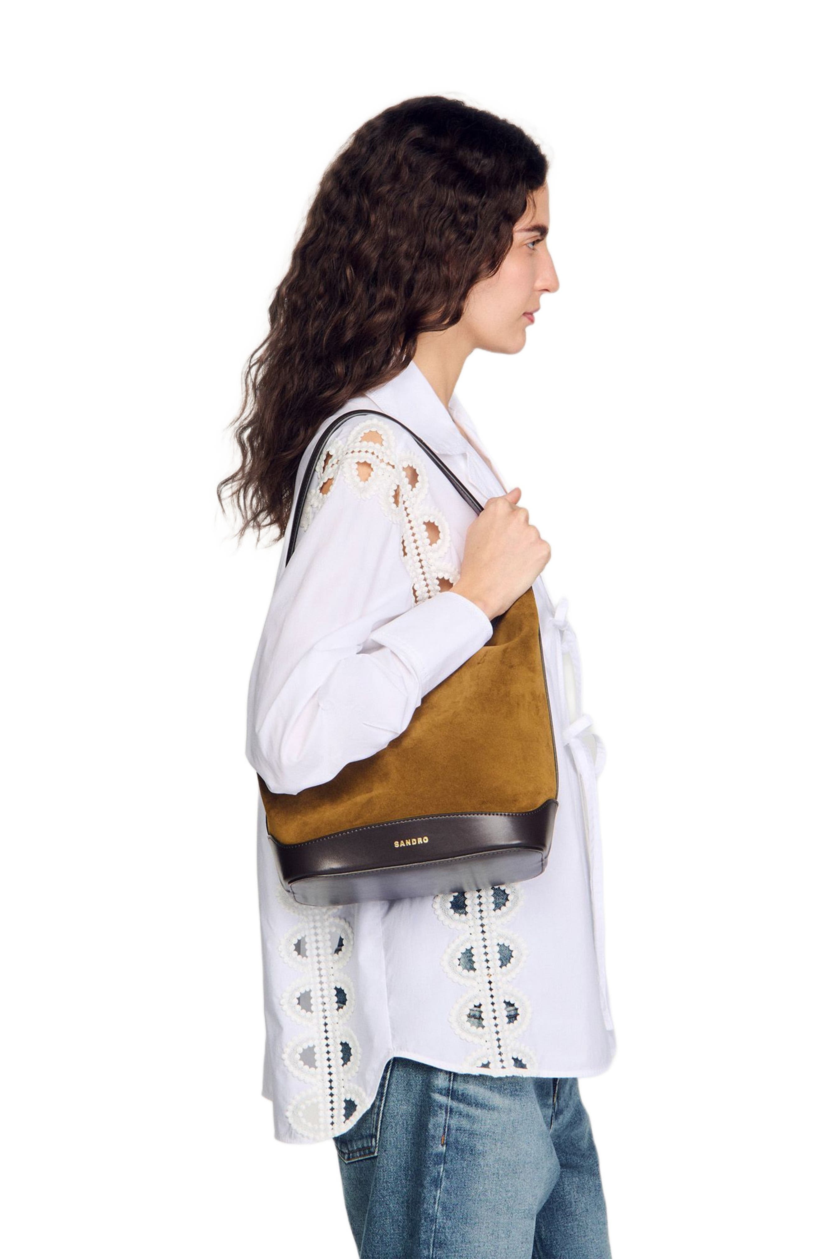 SANDRO Suede and leather bucket bag TANGOSO in Camel at Nordstrom - 7