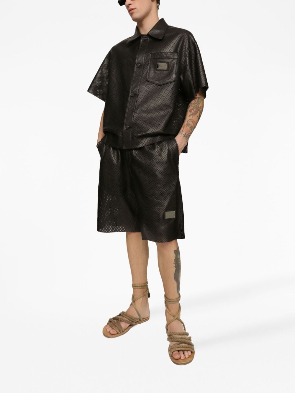 logo-plaque leather shirt - 2