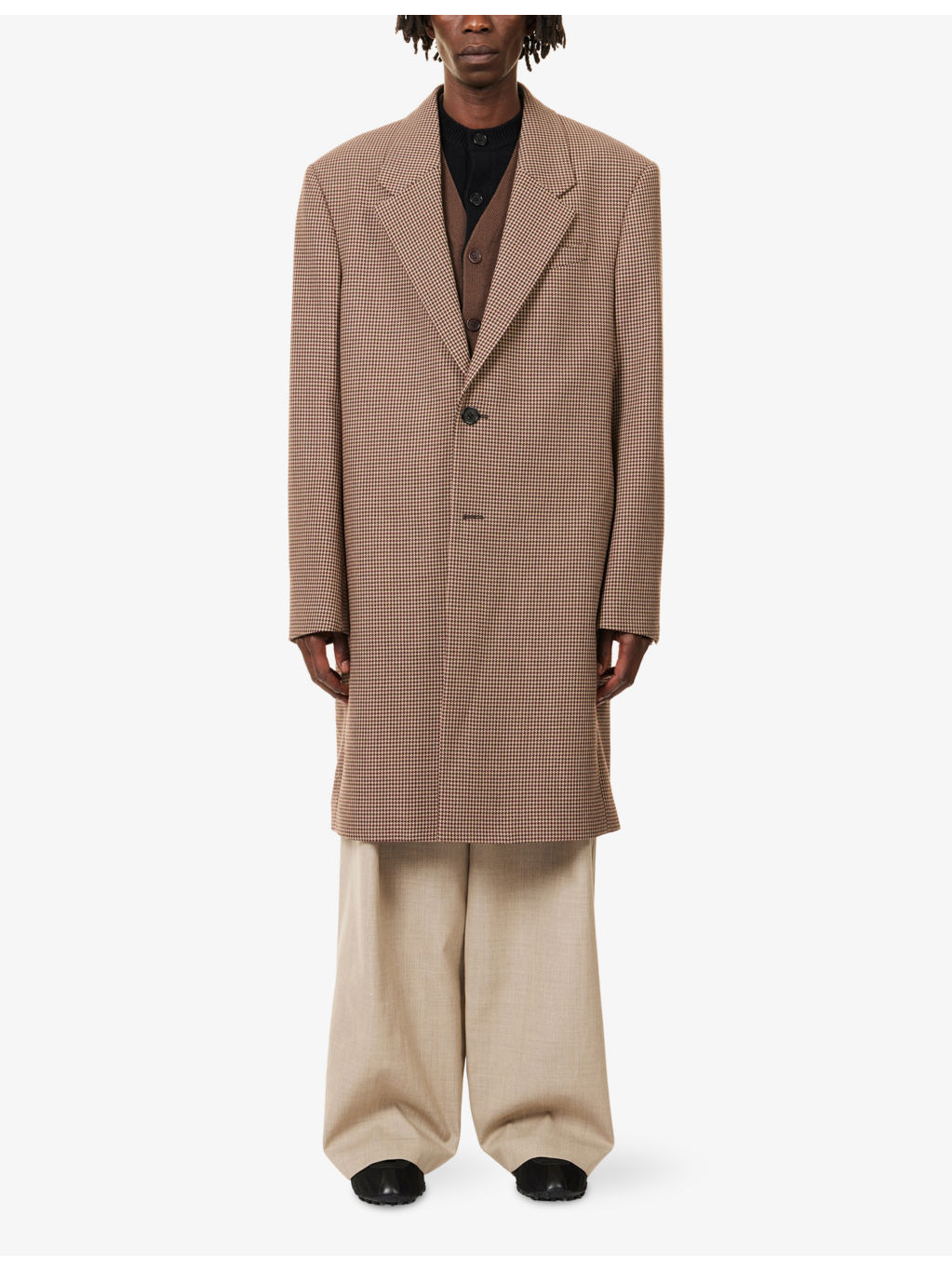Houndstooth Notched-Lapel Wool Coat - 3