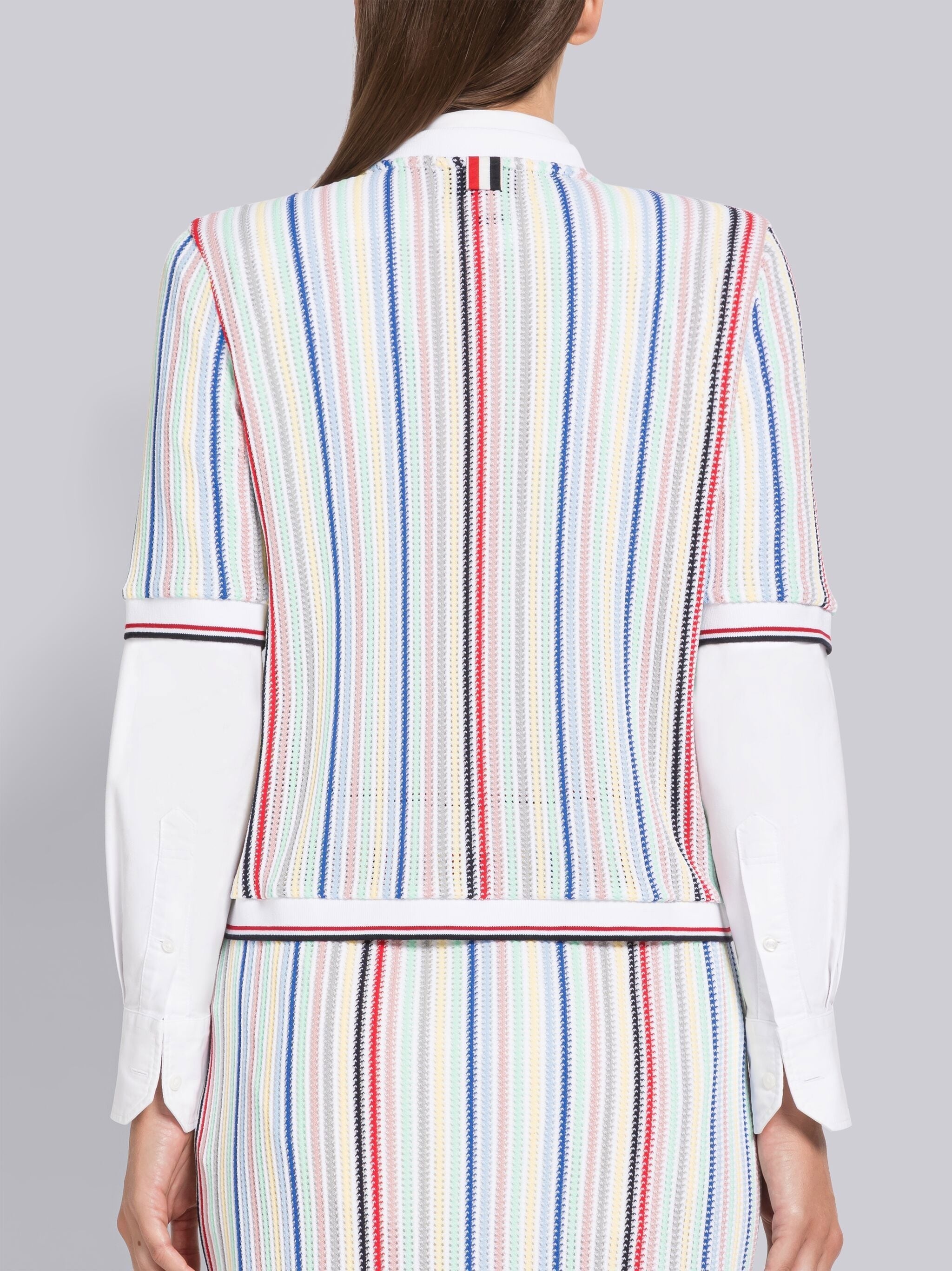 Stripe Viscose Mesh Tipping Short Sleeve Cardigan - 3
