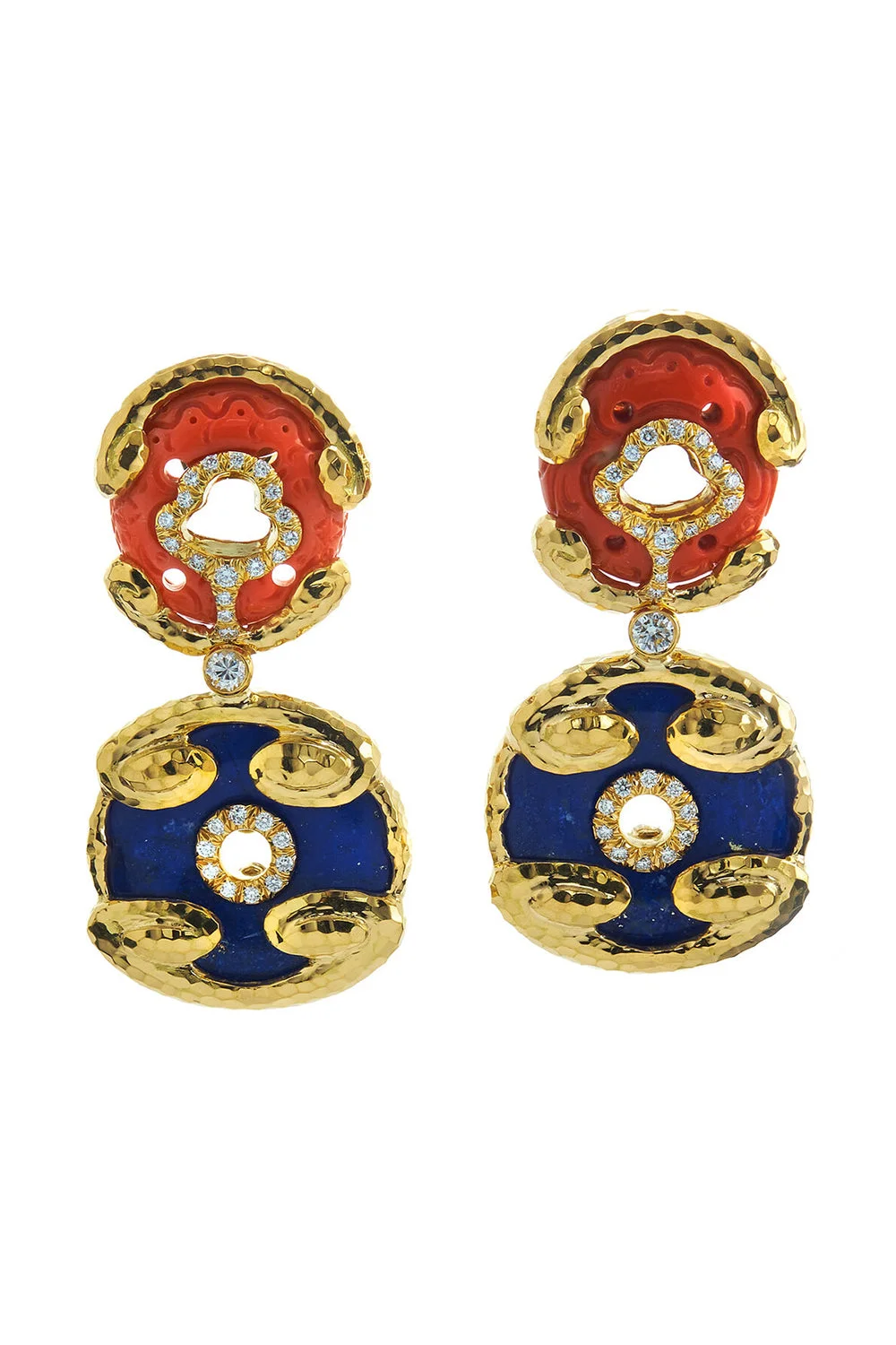 Diamond Lapis Lazuli Scroll Disk Earrings - 1