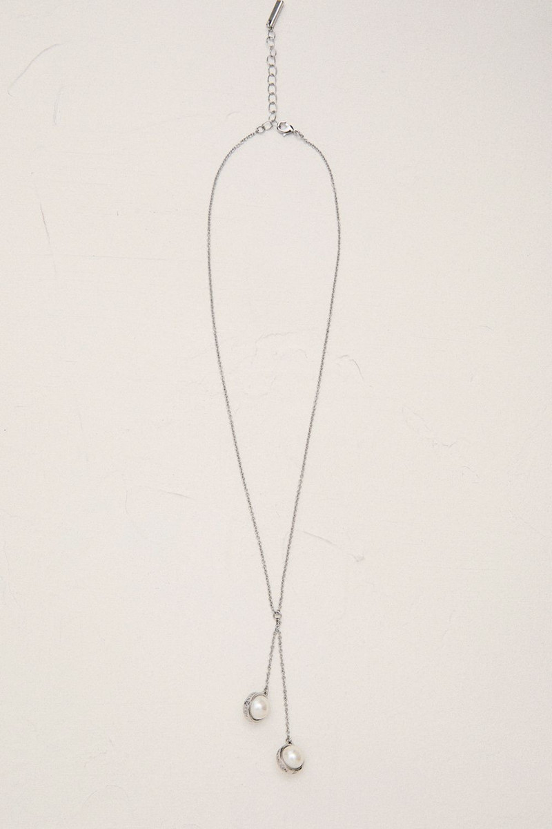 KAREN MILLEN Silver Tone Logo Pearl Double Drop Necklace outlook