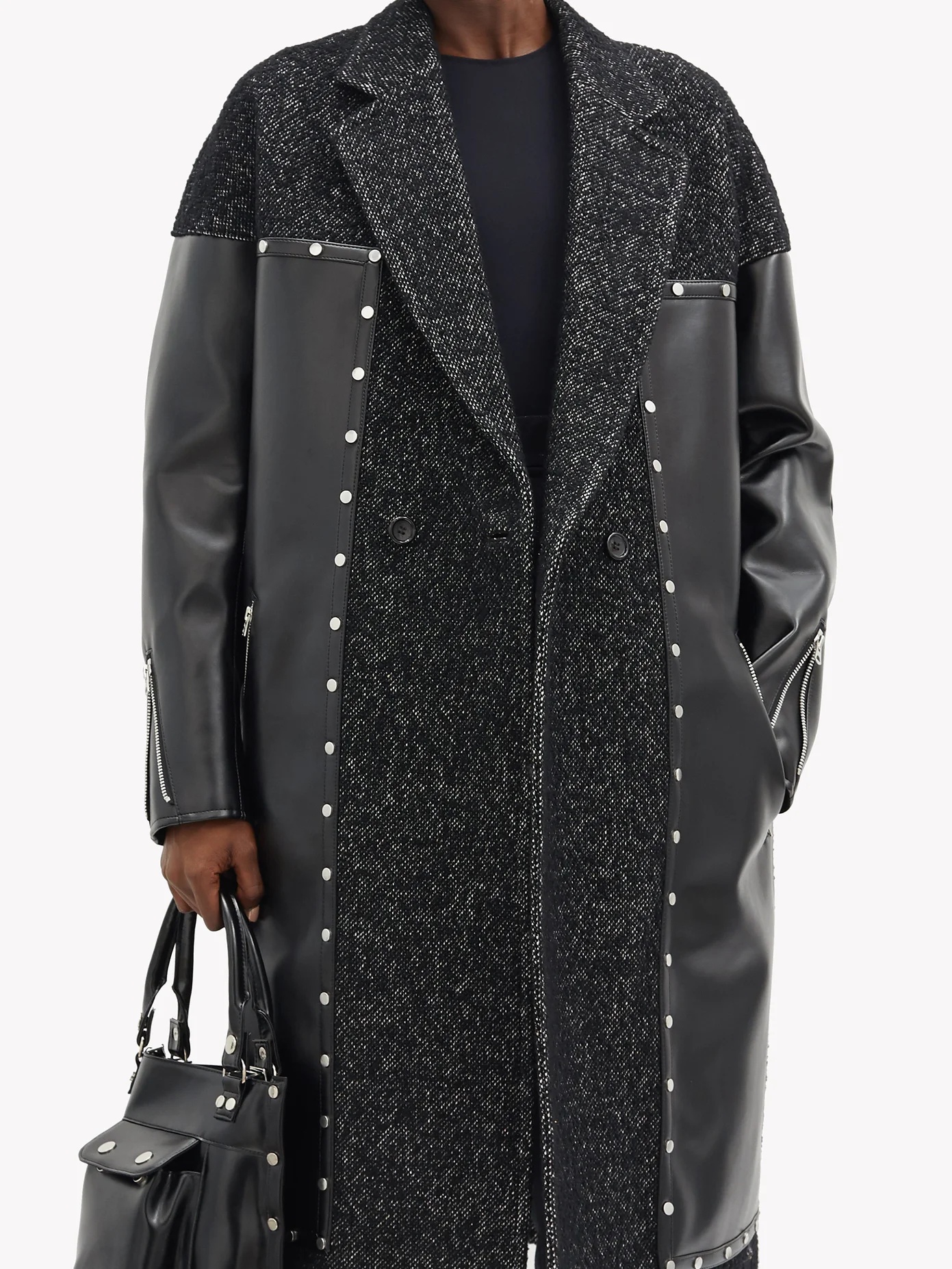 Studded tweed and faux-leather coat - 6