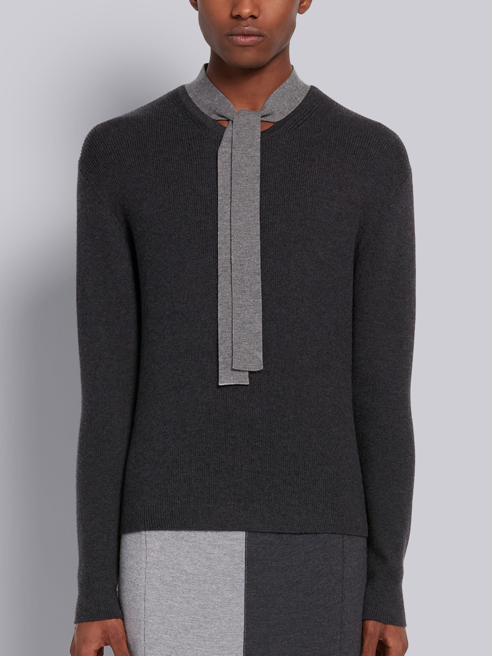 Dark Grey Cashmere Rib Neck Tie Crewneck Pullover - 1