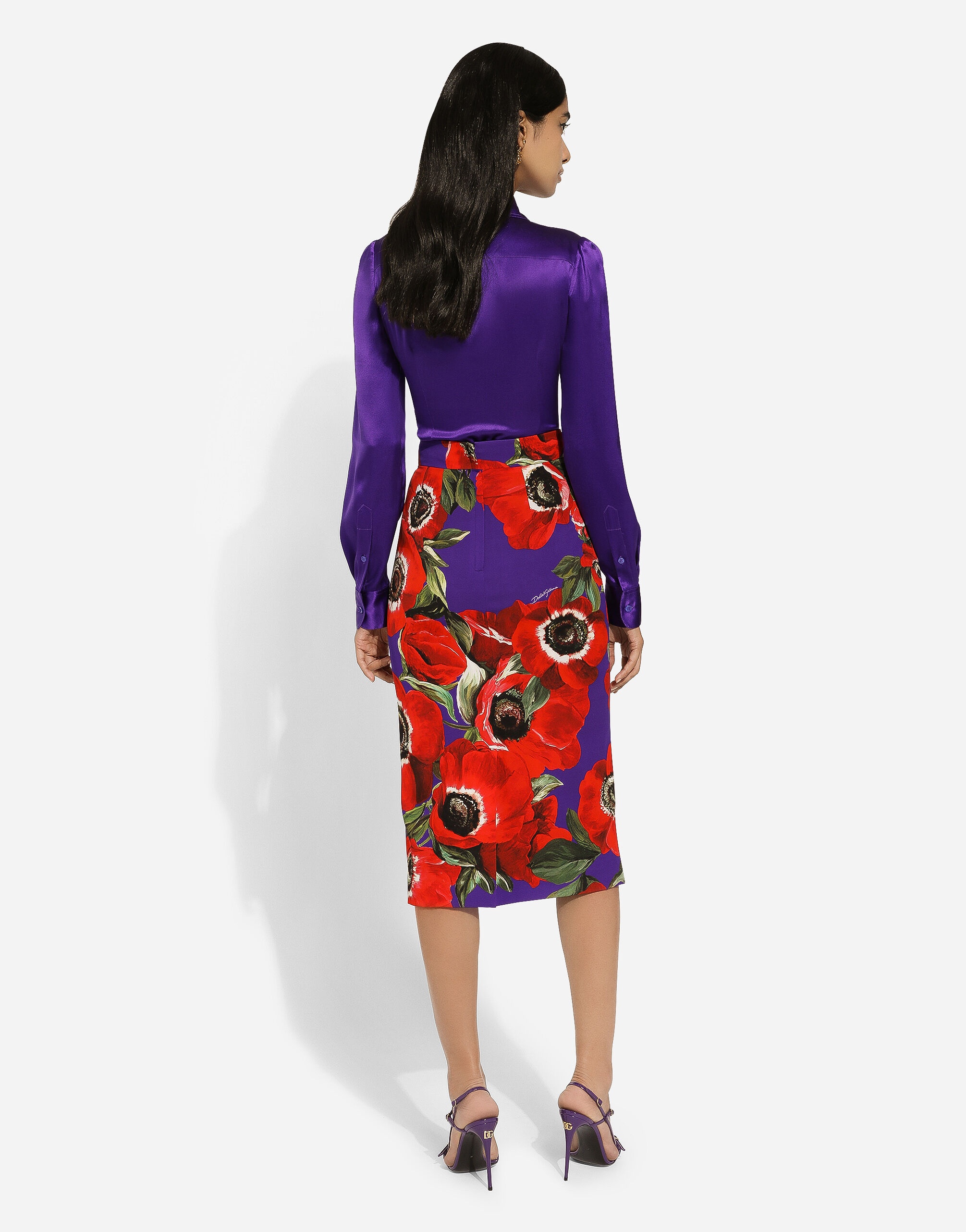 Charmeuse calf-length skirt with anemone print - 3