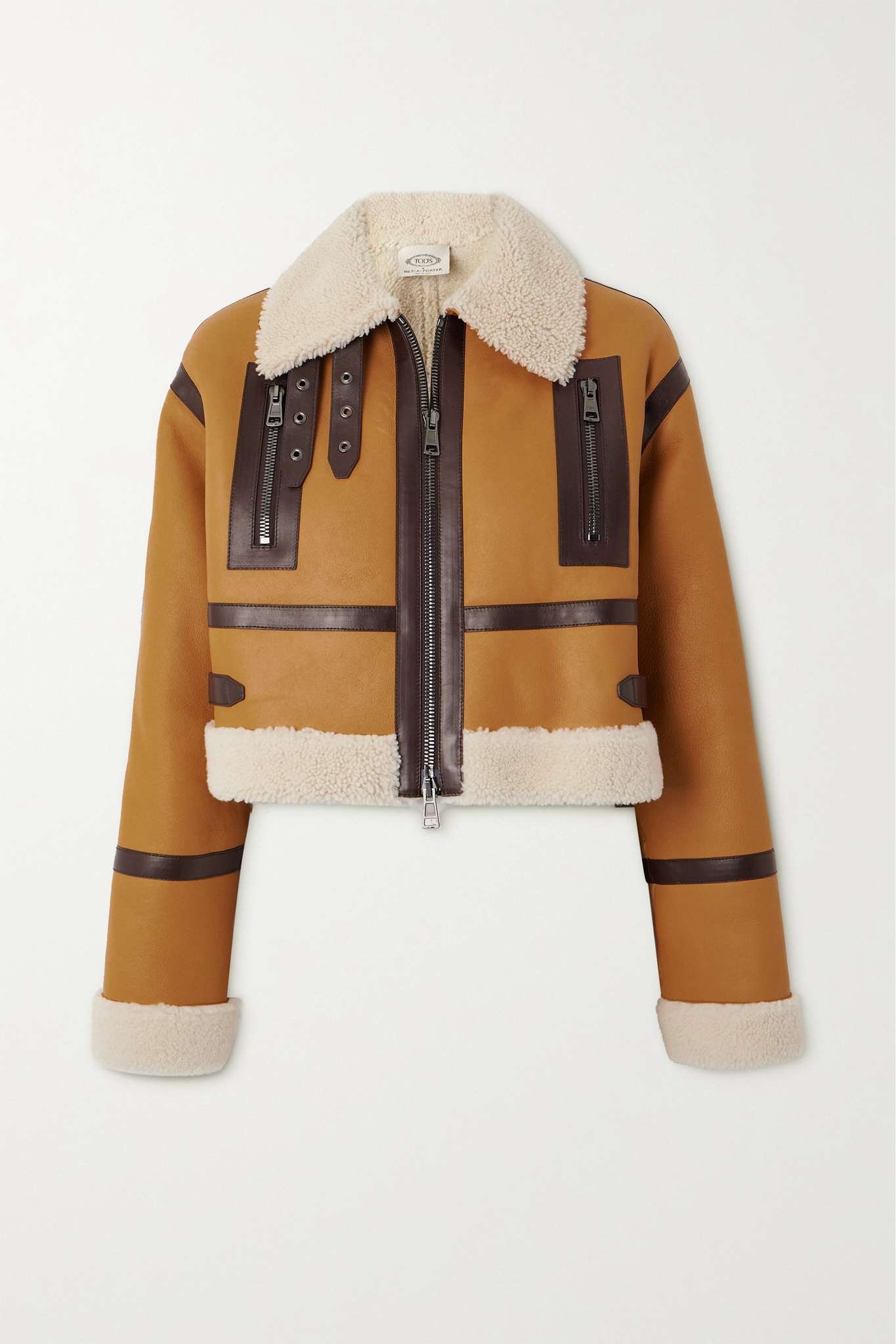 Cropped leather-trimmed shearling jacket - 1