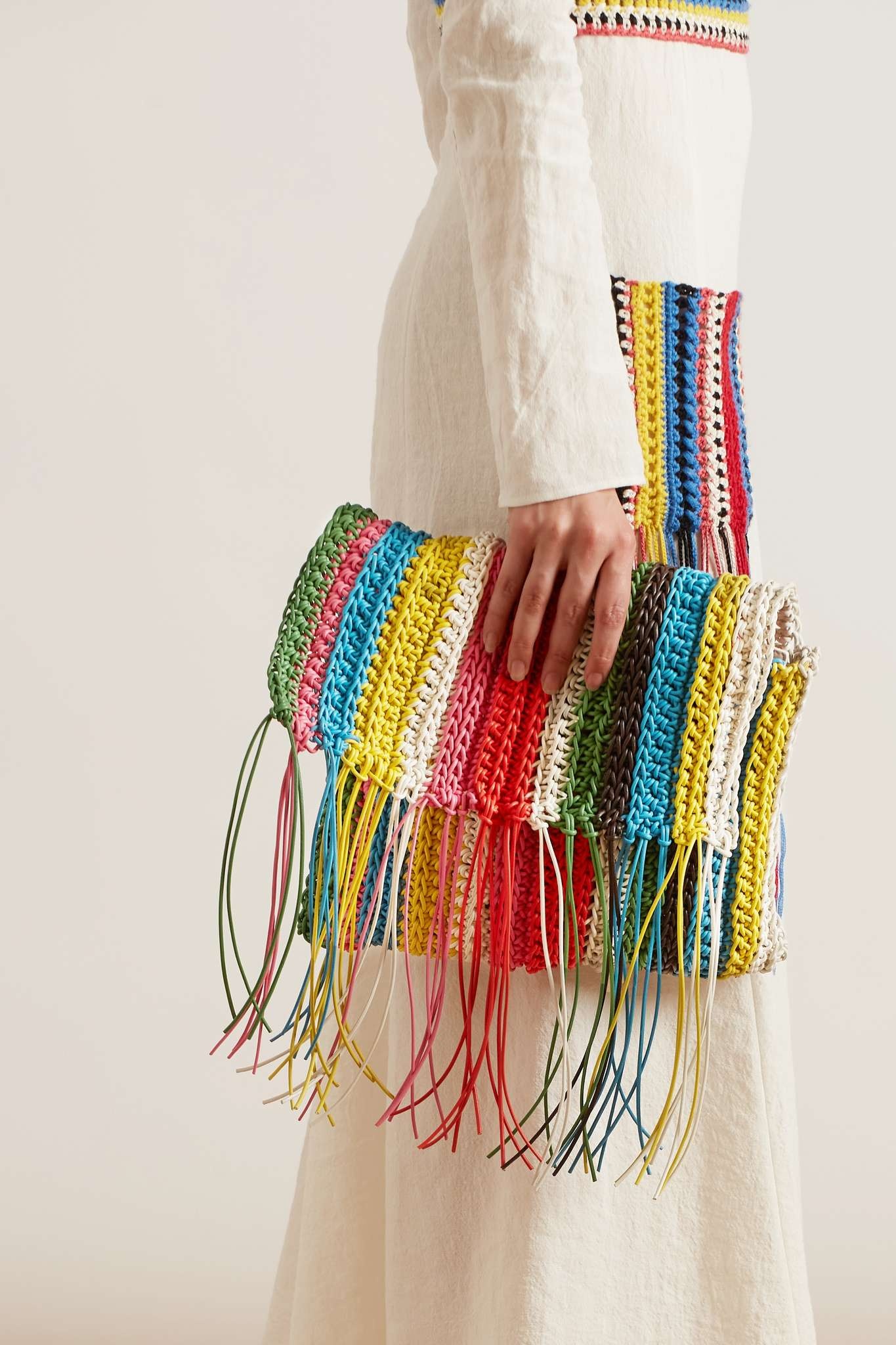 Fringed striped macramé leather clutch - 2