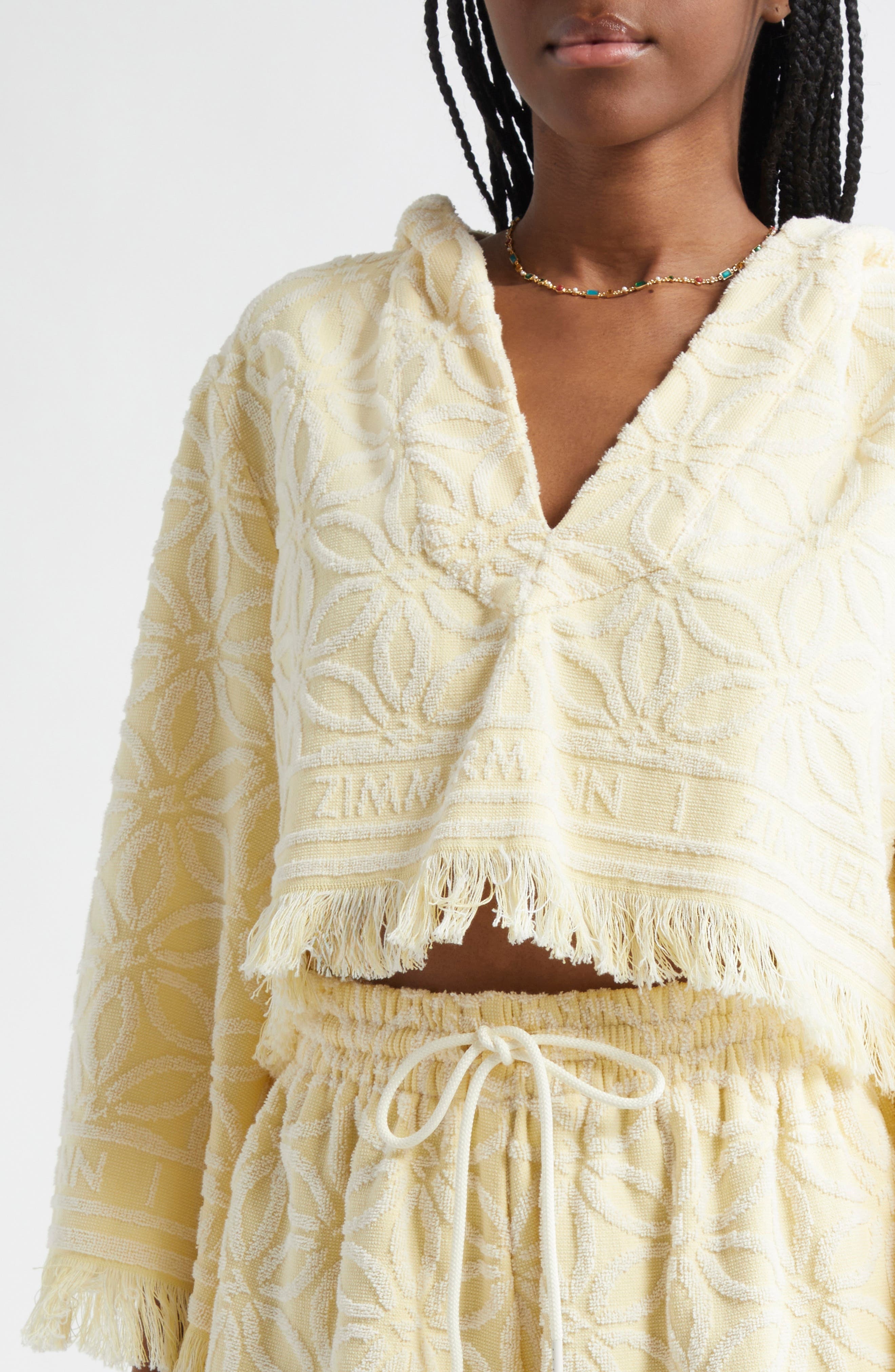 Zimmermann Coco Jacquard Terry Cloth Hooded Top in Yellow/Cream at Nordstrom - 5
