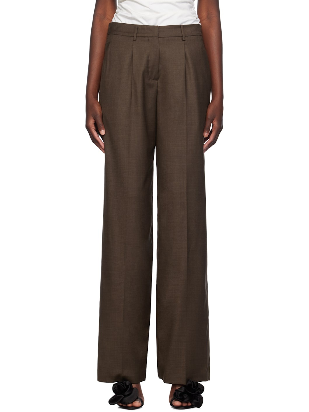 Brown Wide Leg Tailored Wool Trousers - 1