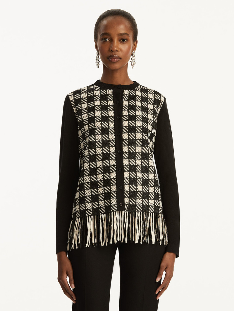 Oscar de la Renta CHECKED FRINGE GUIPURE CARDIGAN outlook