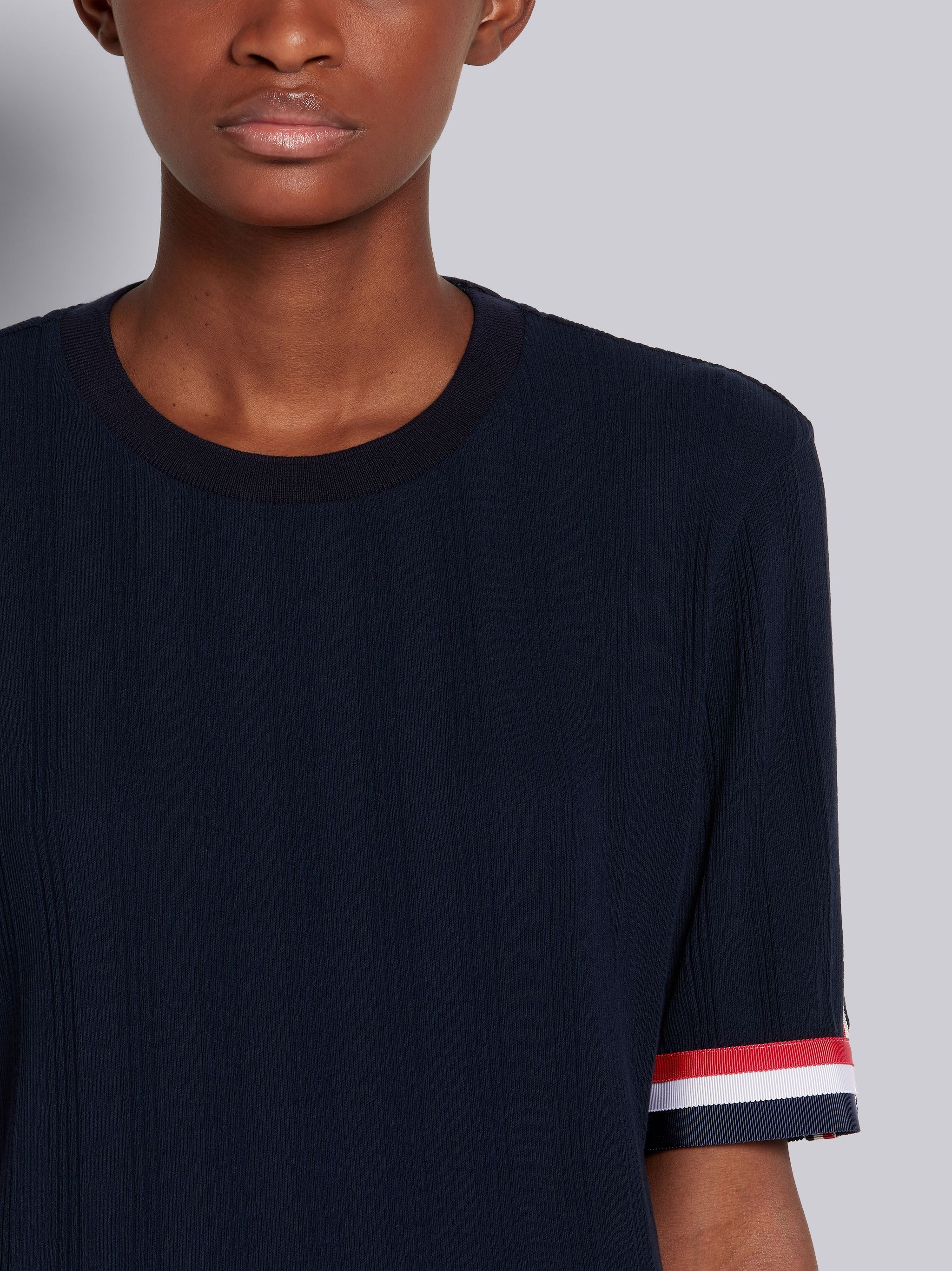 Navy High Twist Variegated Rib Tee Grosgrain Cuff Short-sleeved Tee - 5