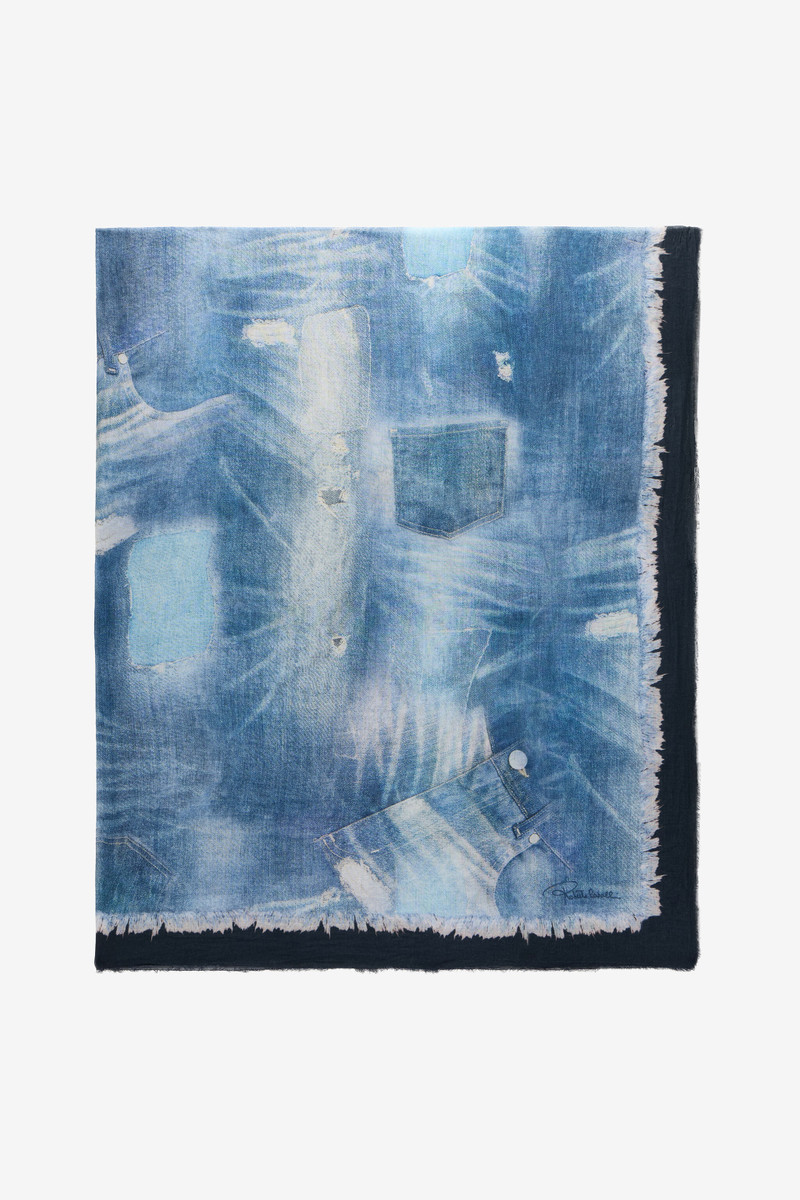 Cotton Scarf with Denim Patchwork Print 1