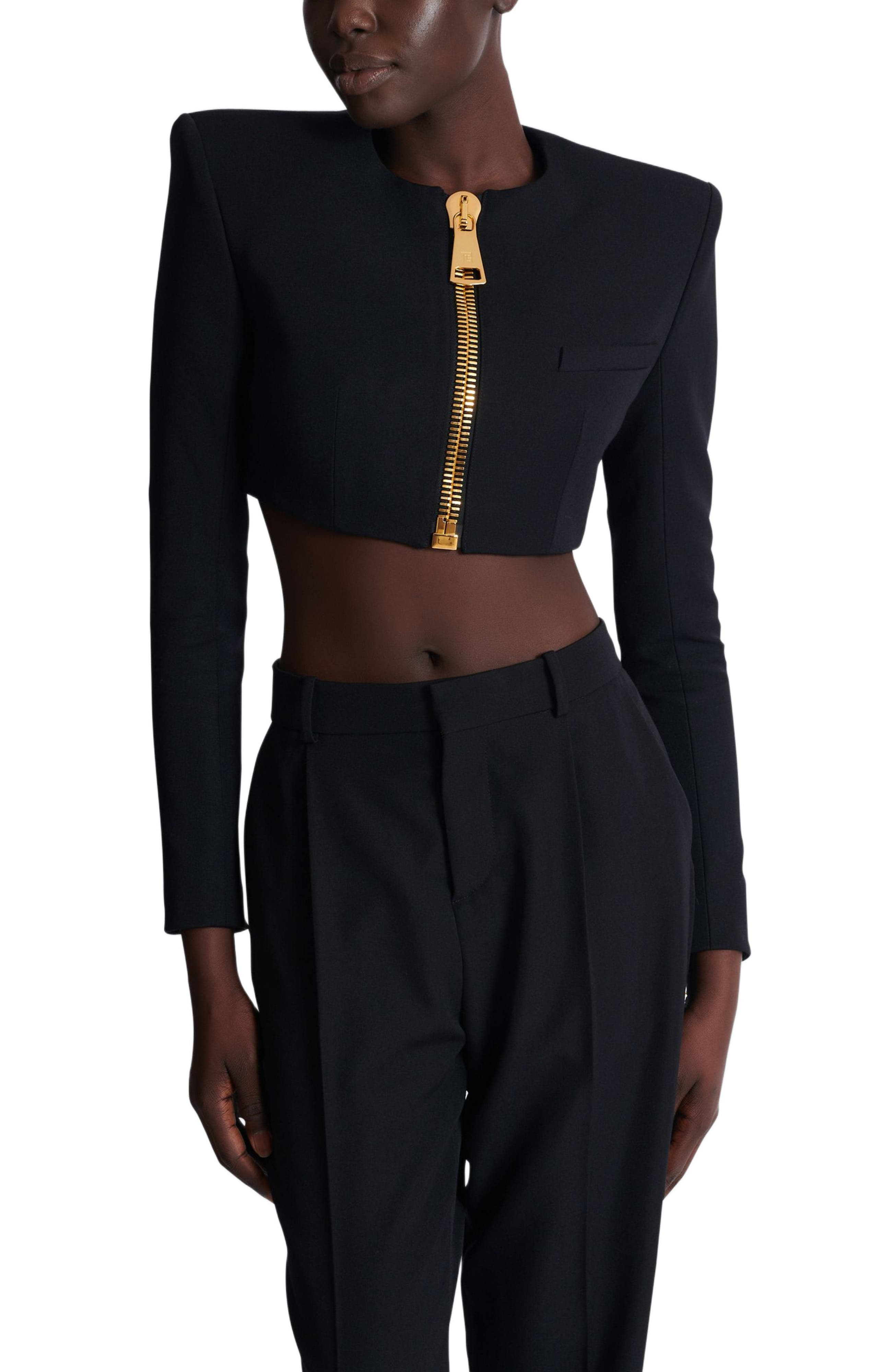 Balmain Cropped Jacket In Grain De Poudre Wool in Black at Nordstrom - 5