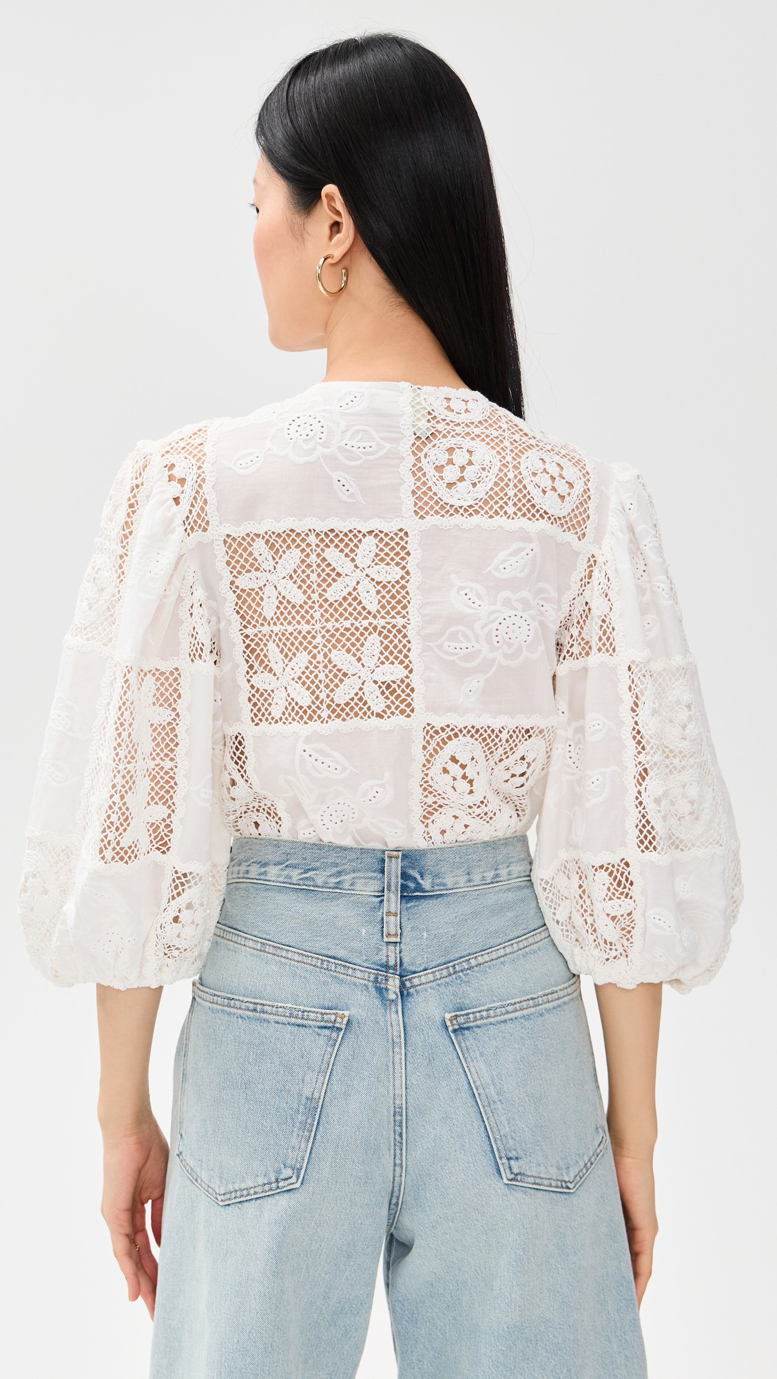 Off-White Rosy Eyelet Puffy Sleeve Thong Bodysuit - 2