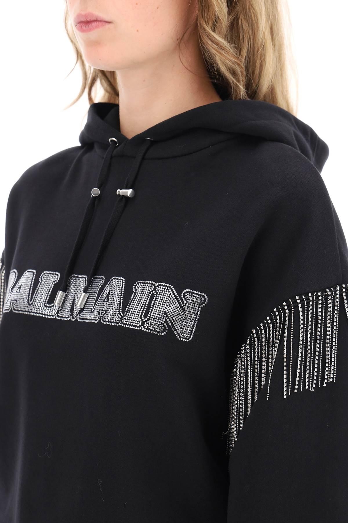 Balmain Cropped Hoodie With Rhinestone Studded Logo And Crystal Cupchains - 5