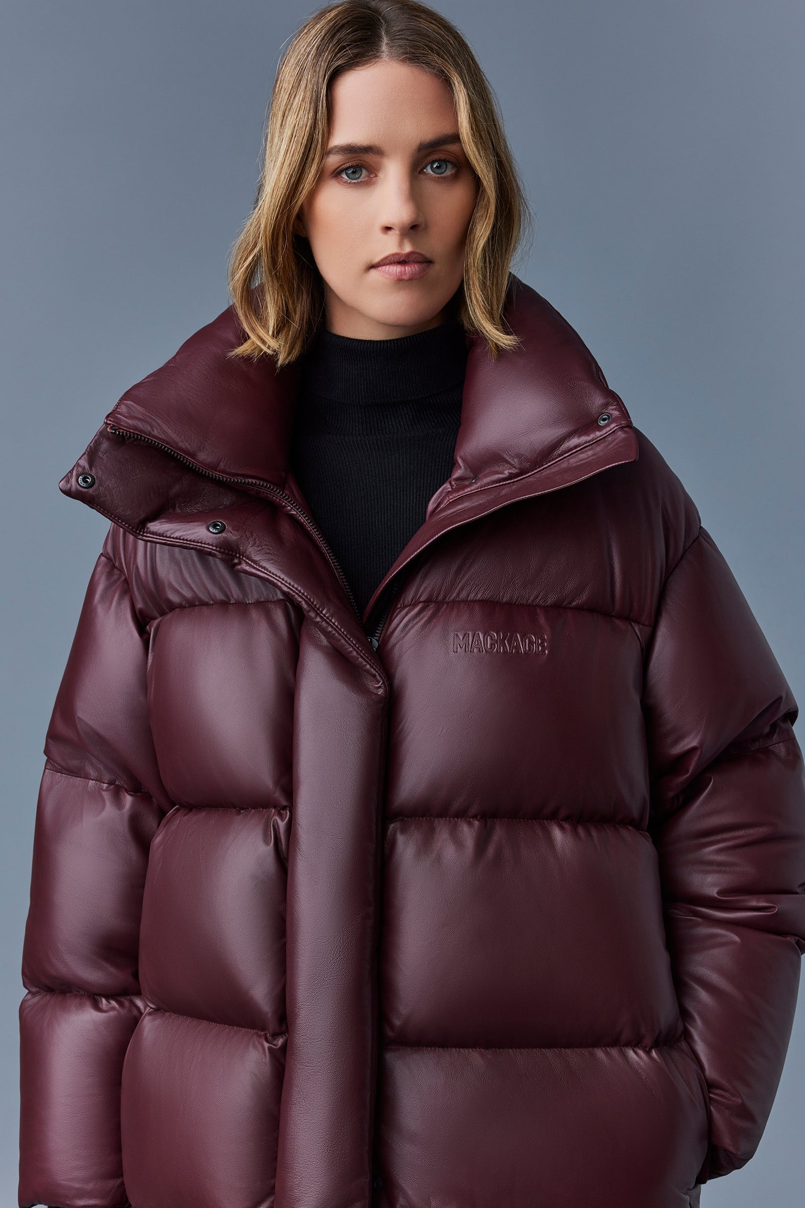 SAYA Leather down parka with stand collar - 5