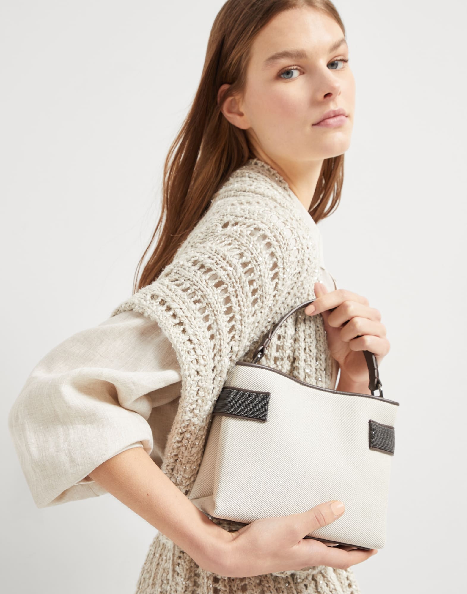 Essence small top-handle bag in cotton and linen drill with precious bands - 4