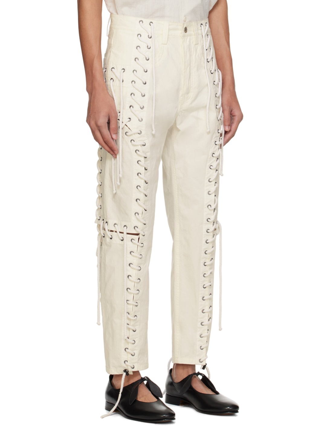White Lace-Up Trousers - 2