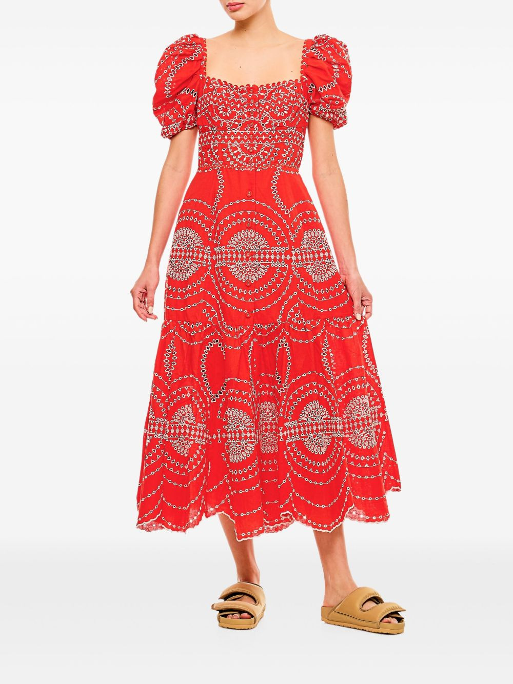 puff-sleeve embroidered midi dress - 2