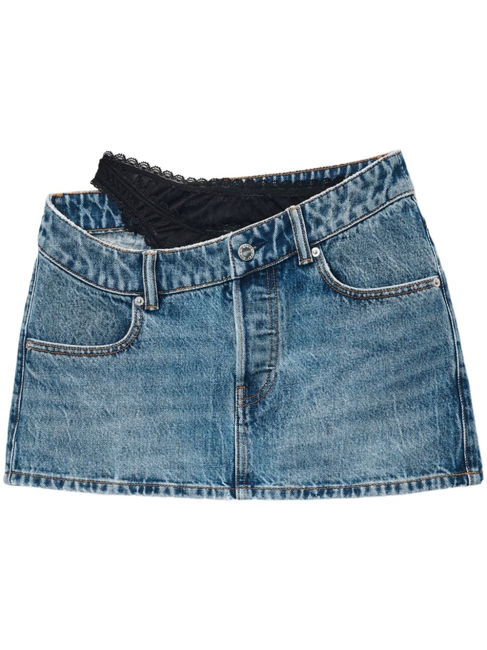 asymmetric lace-detail denim skirt - 1
