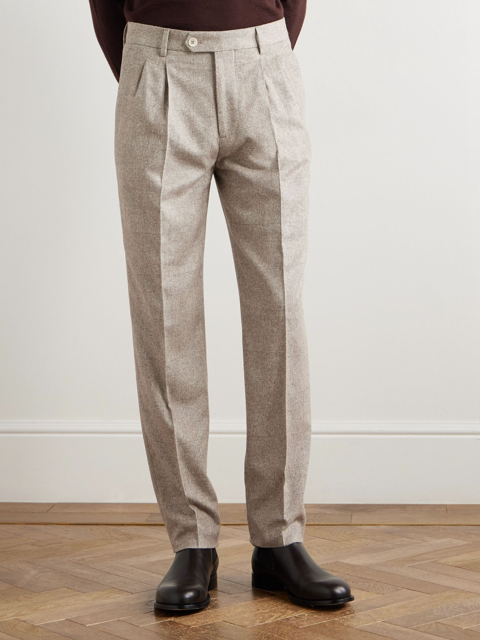 Tapered Pleated Prince of Wales Checked Silk, Wool and Cashmere-Blend Flannel Suit Trousers Beige - 3