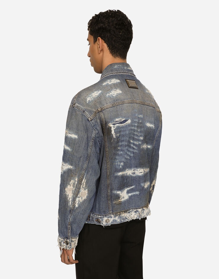 Blue wash denim jacket with rips - 4