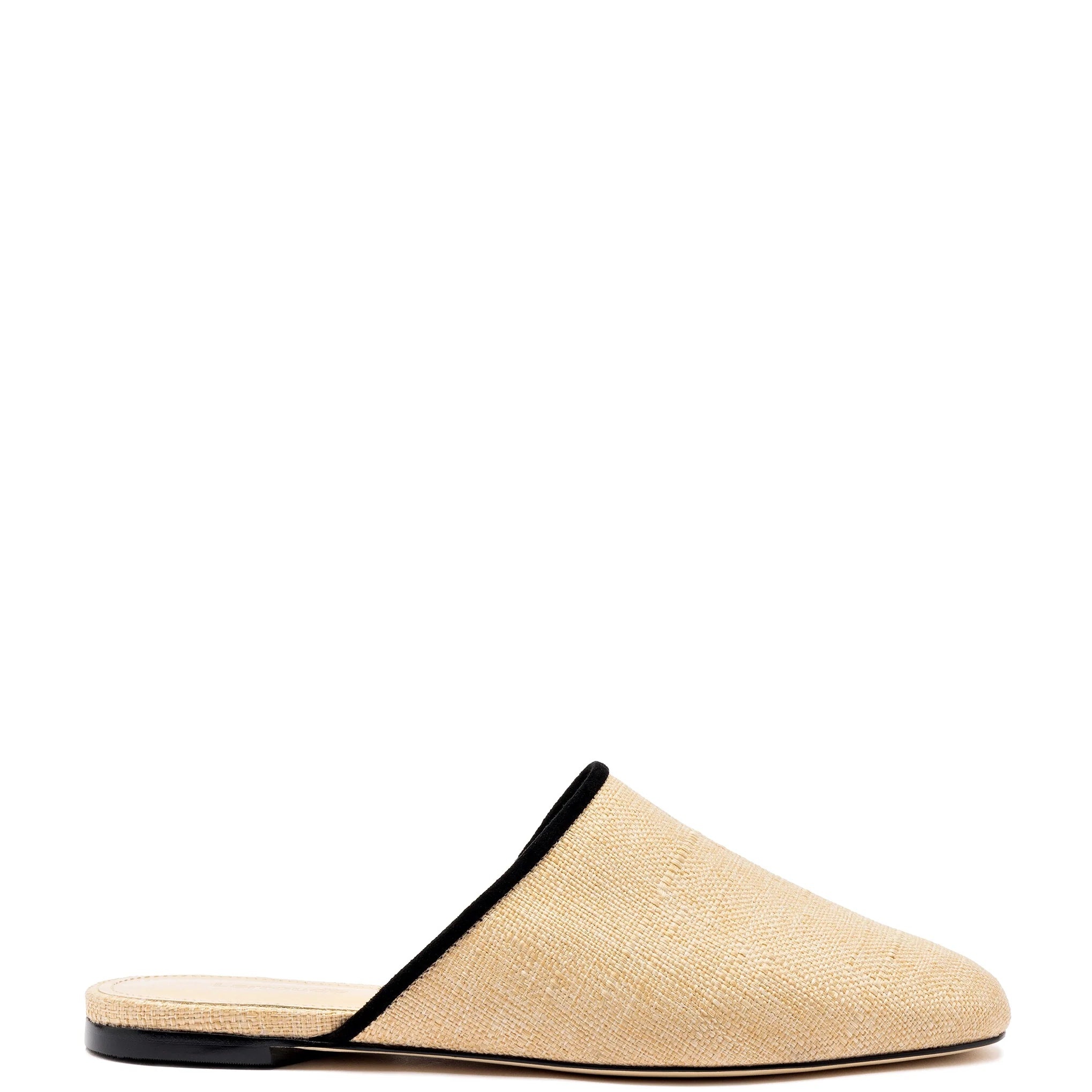 Larroude - Larroude Venice Flat Mule In Beige Raffia Black Trim - 1