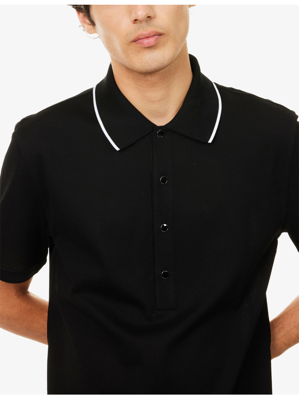 Classic-Collar Striped-Trim Cotton Polo Top - 5
