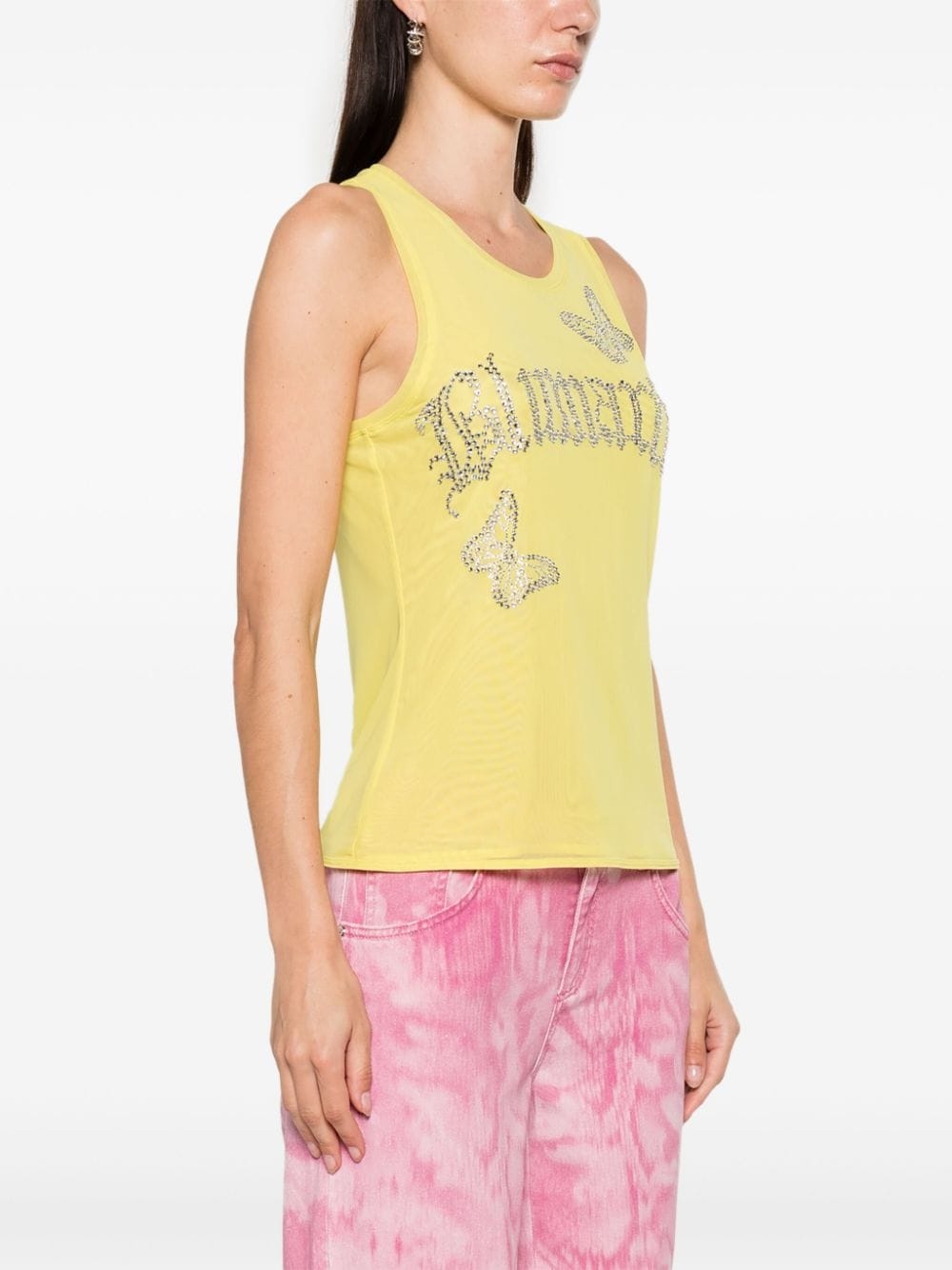 rhinestones-logo mesh tank top - 3