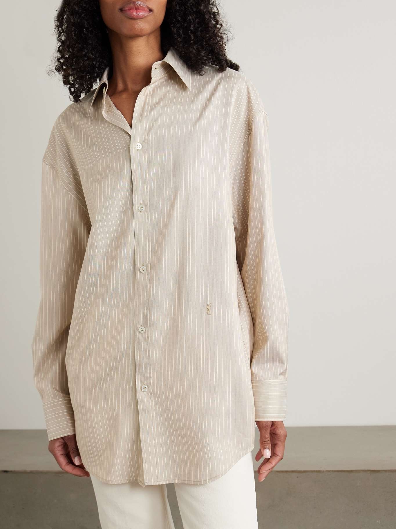 Embroidered striped silk shirt Beige - 3