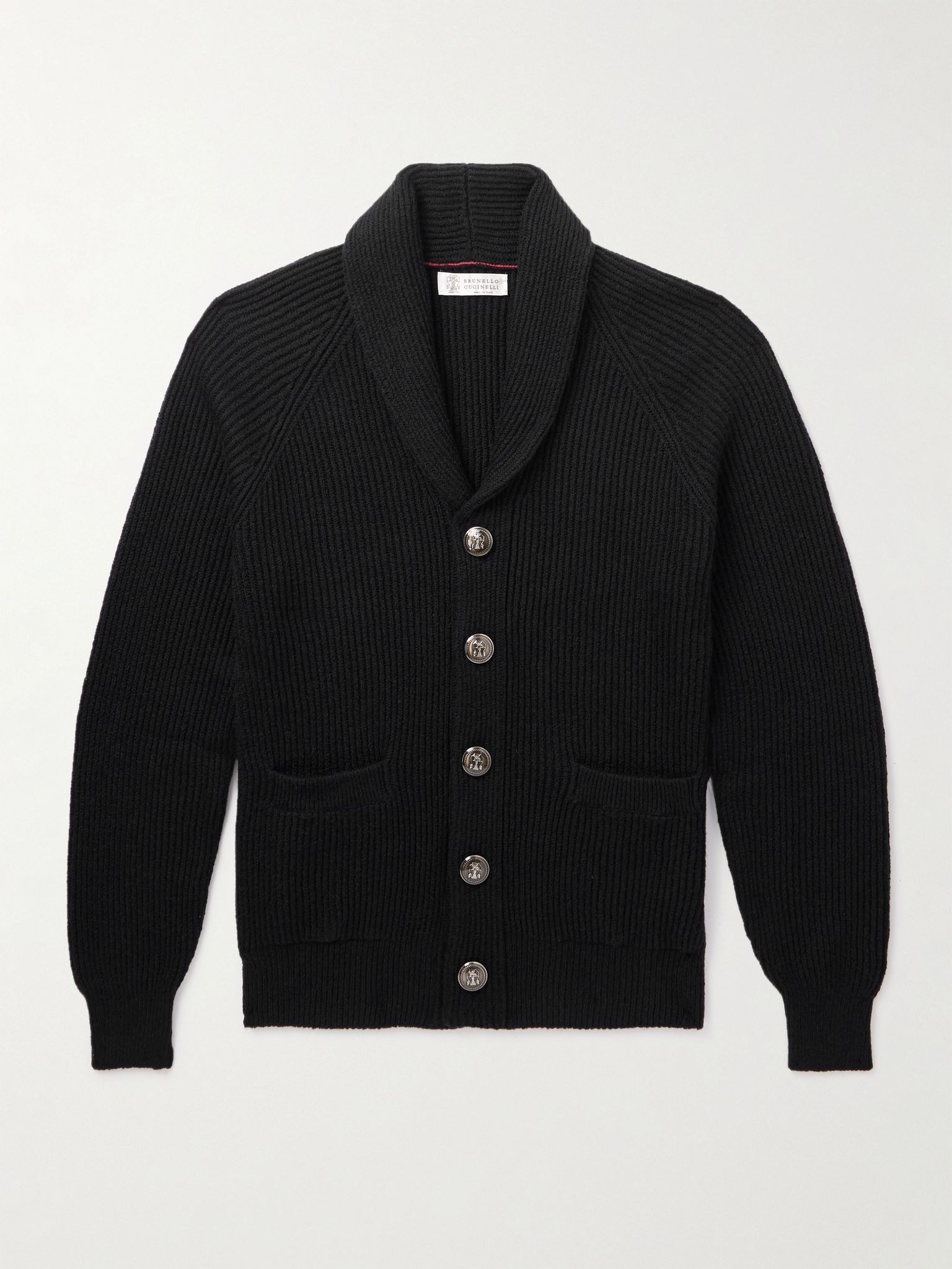Shawl-Collar Ribbed Cotton Cardigan Black - 1