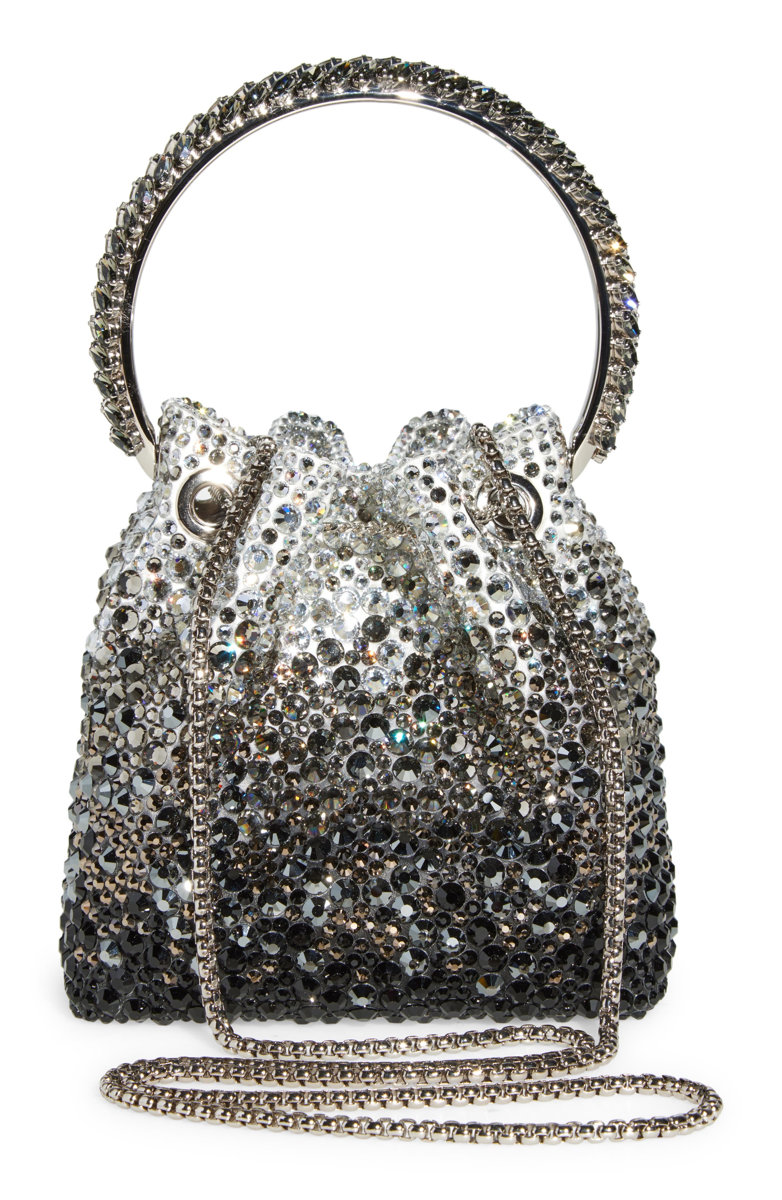 Jimmy Choo Bon Bon Crystal Drawstring Top Handle Pouch in Black/Smoke at Nordstrom - 4
