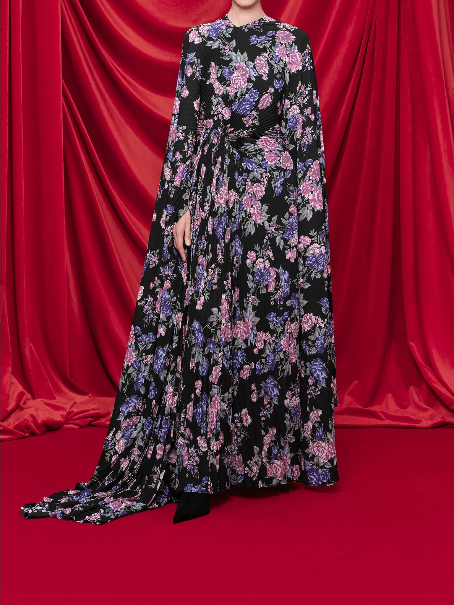 Cape-effect floral-print plissé-crepe gown Black - 4