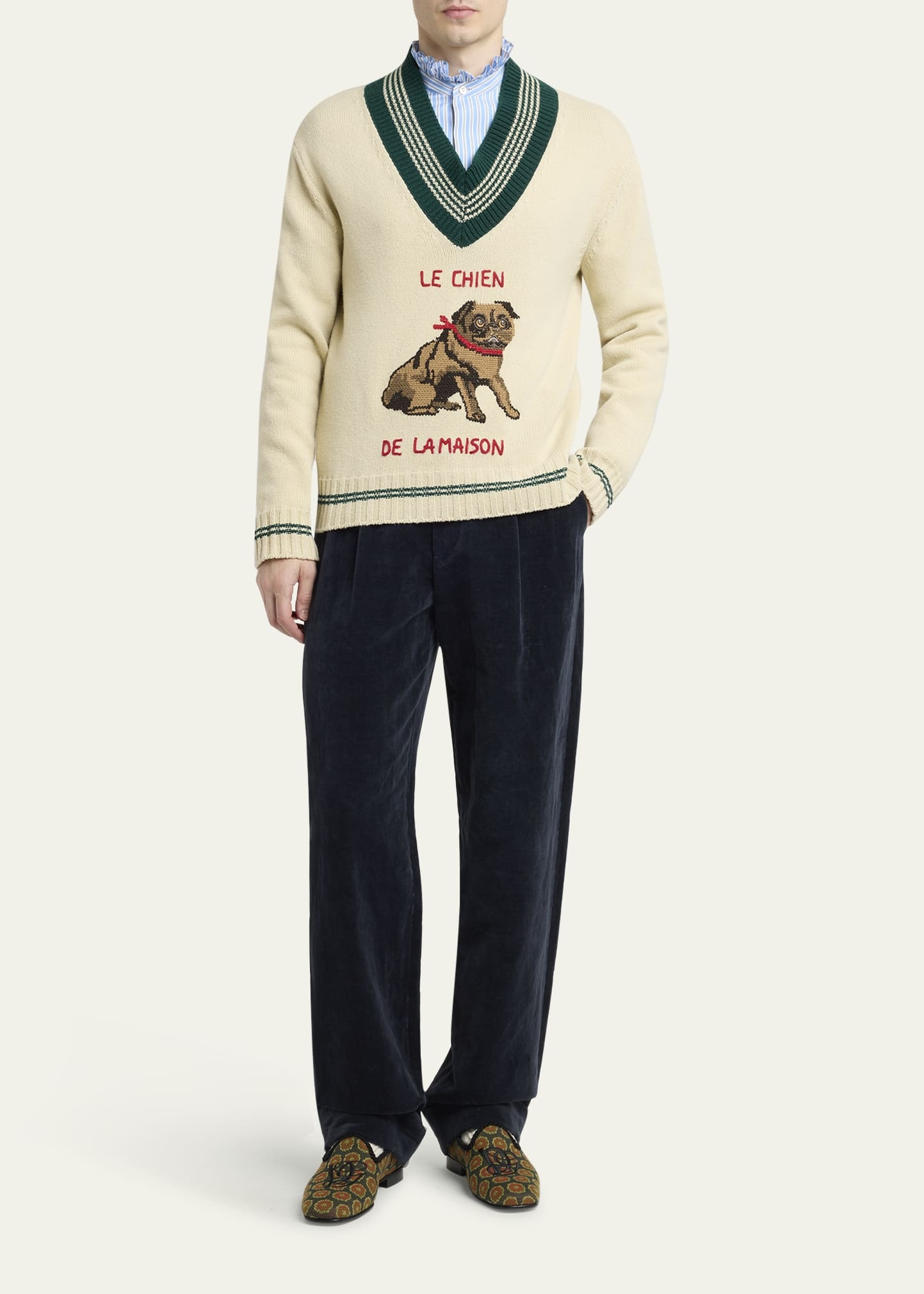 Men's Wool Le Chien De La Maison Jacquard V-Neck Sweater - 2